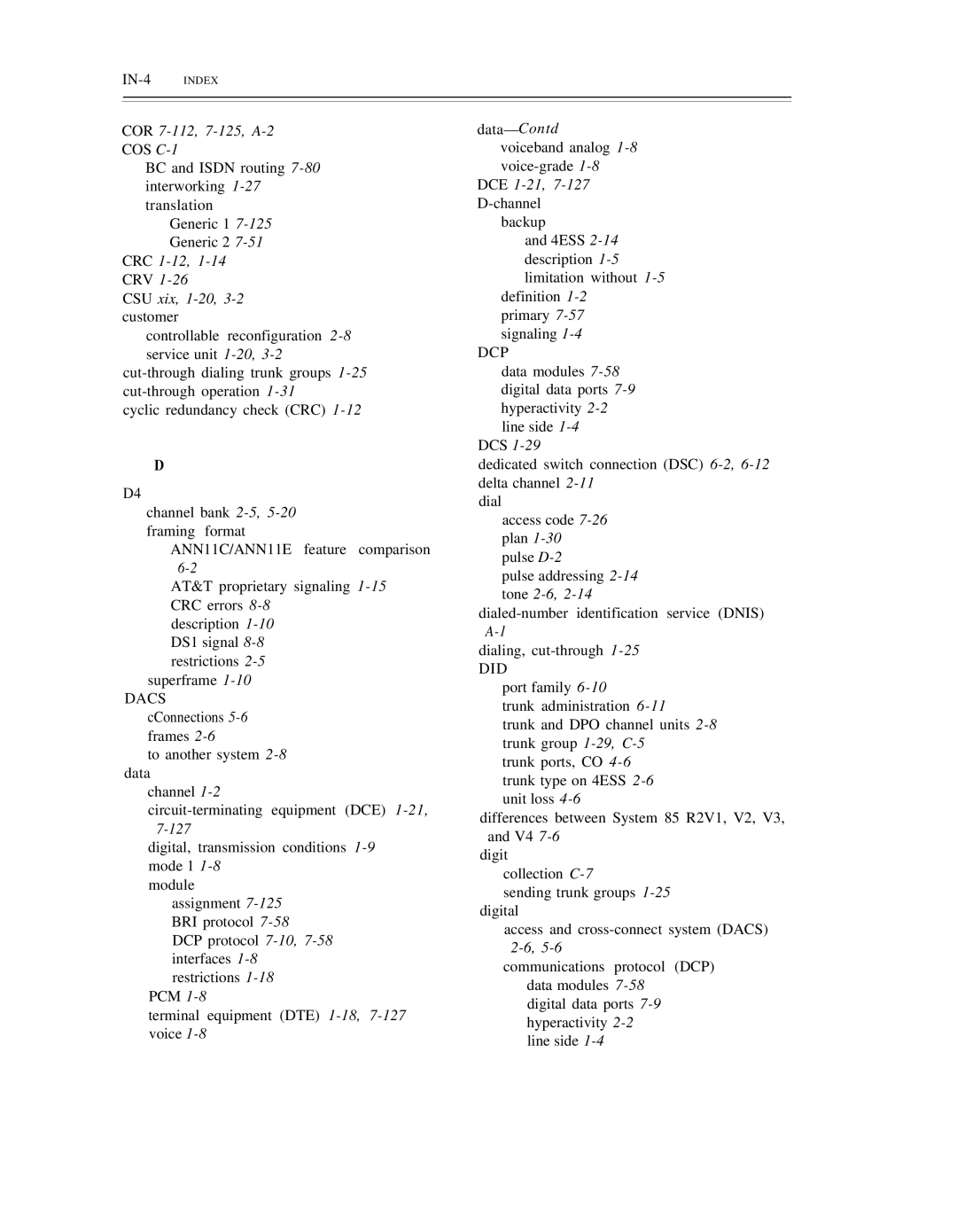 AT&T DS1/DMi/ISDN-PRI manual COR 7-112,7-125,A-2, CRC 1-12,1-14CRV CSU xix, 1-20,3-2customer, DCE 1-21,7-127D-channel 