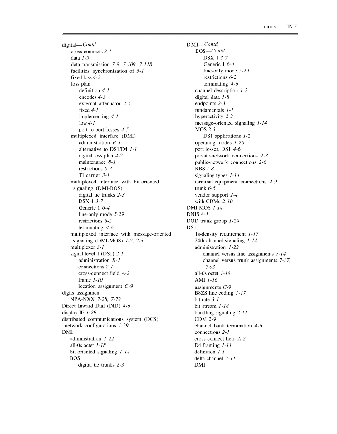 AT&T DS1/DMi/ISDN-PRI manual NPA-NXX7-28,7-72, Bos, I -Contd BOS-Contd, Index IN-5 