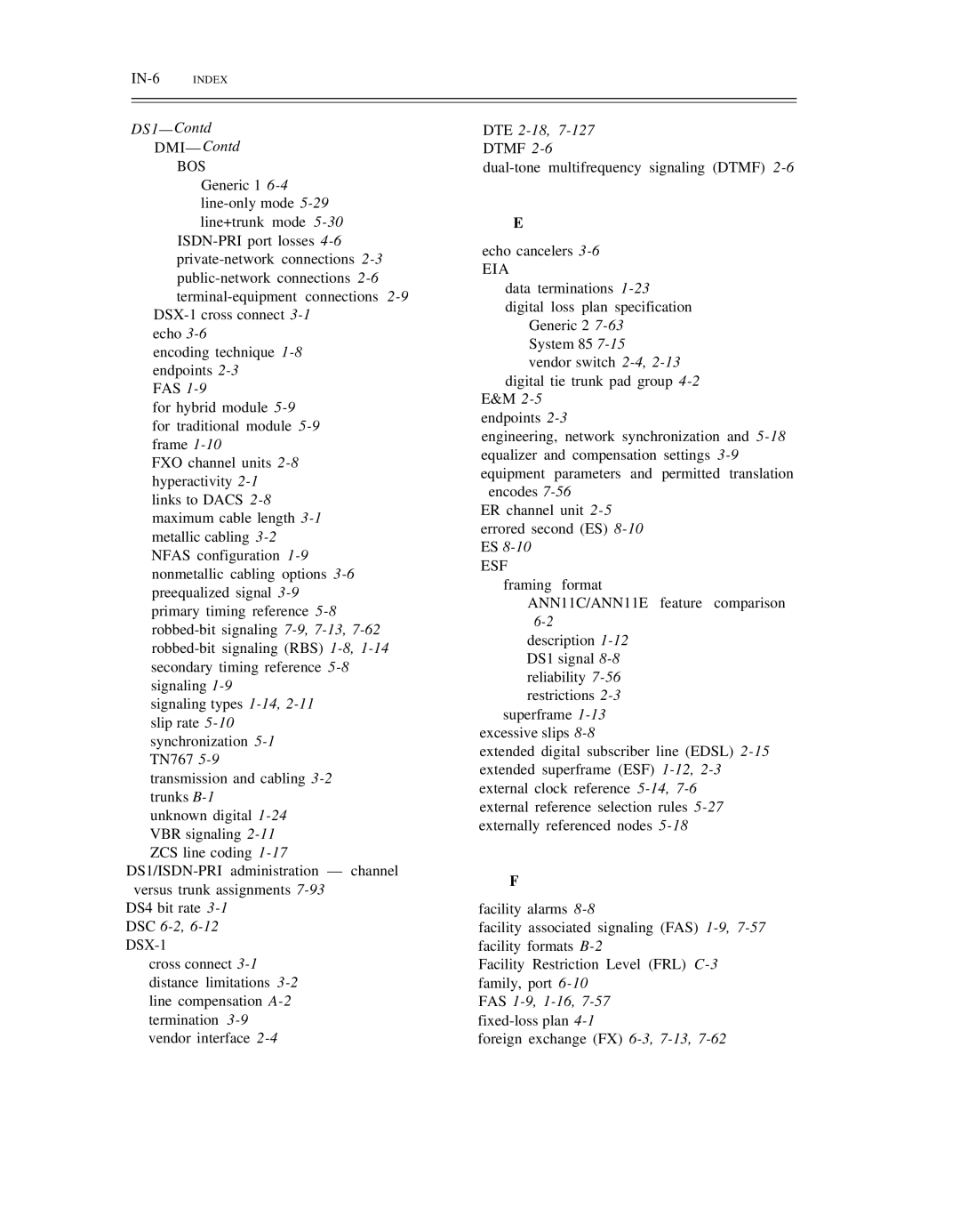AT&T DS1/DMi/ISDN-PRI manual IN-6 Index, DS1- Contd, DTE 2-18, Eia, FAS 1-9,1-16,7-57fixed-loss plan 
