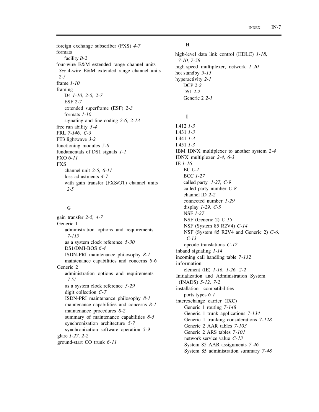 AT&T DS1/DMi/ISDN-PRI manual D4 1-10,2-5,2-7, Fxs, Index IN-7 
