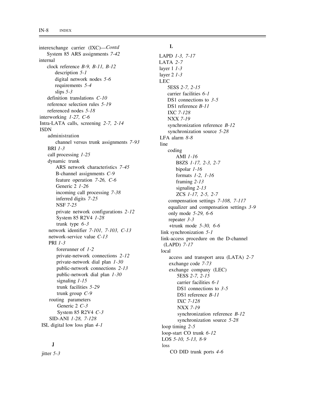 AT&T DS1/DMi/ISDN-PRI manual IN-8 Index, Lapd 1-3,7-17LATA 2-7layer 1 1-3layer 2, Lec 