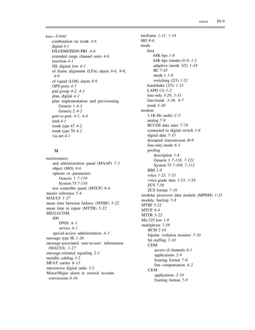 AT&T DS1/DMi/ISDN-PRI manual Misframe 1-11,1-14MO, Voice 1-23,7-33voice-grade data 1-23,1-24ZCS, Cdm, Index IN-9 