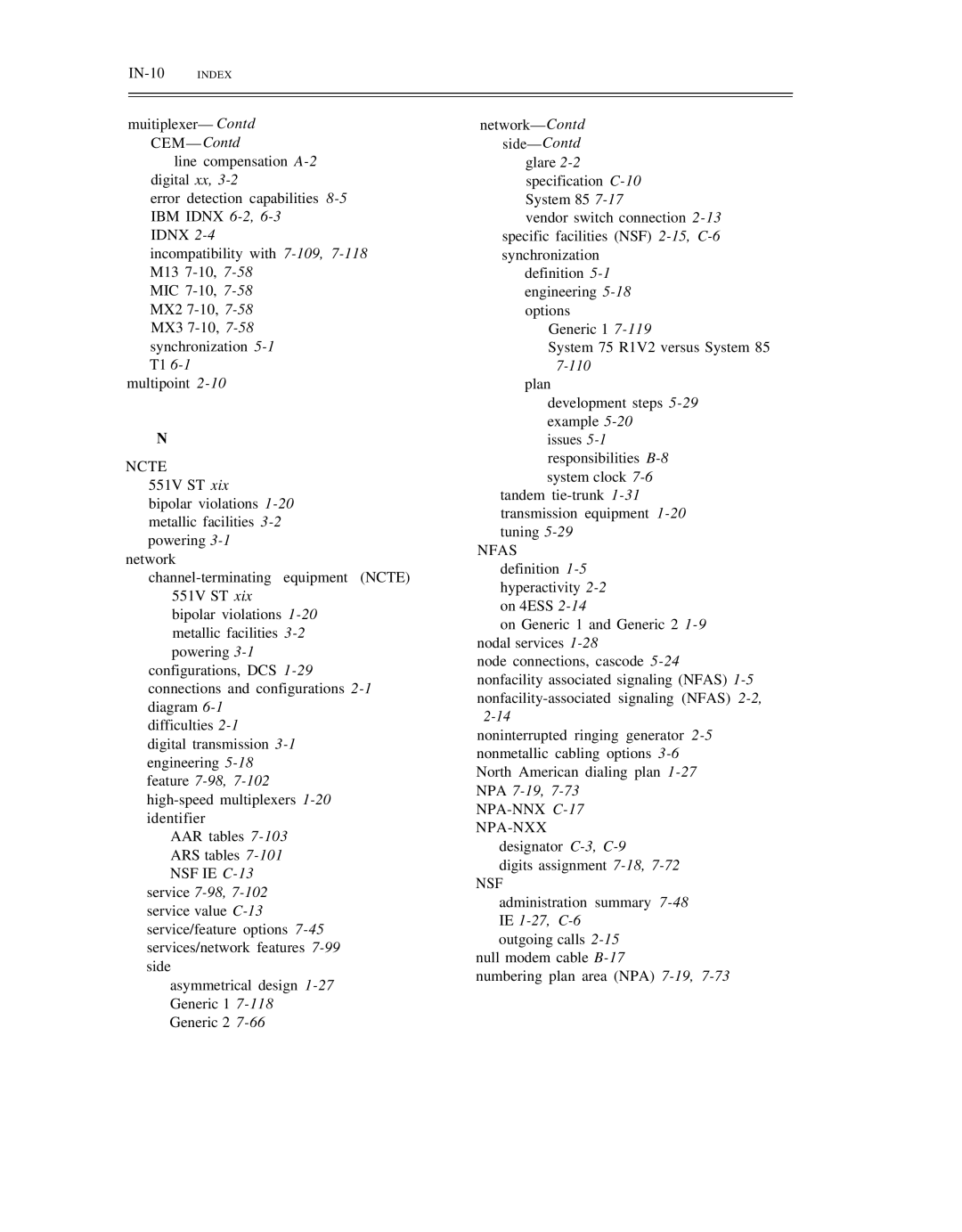AT&T DS1/DMi/ISDN-PRI manual IN-10 Index, Ncte, NPA-NNX C-17 