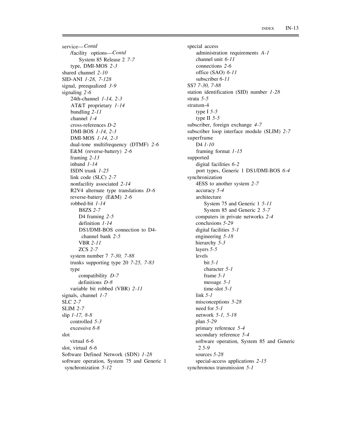 AT&T DS1/DMi/ISDN-PRI manual SS7 7-30,7-88, 9sources, Index IN-13 