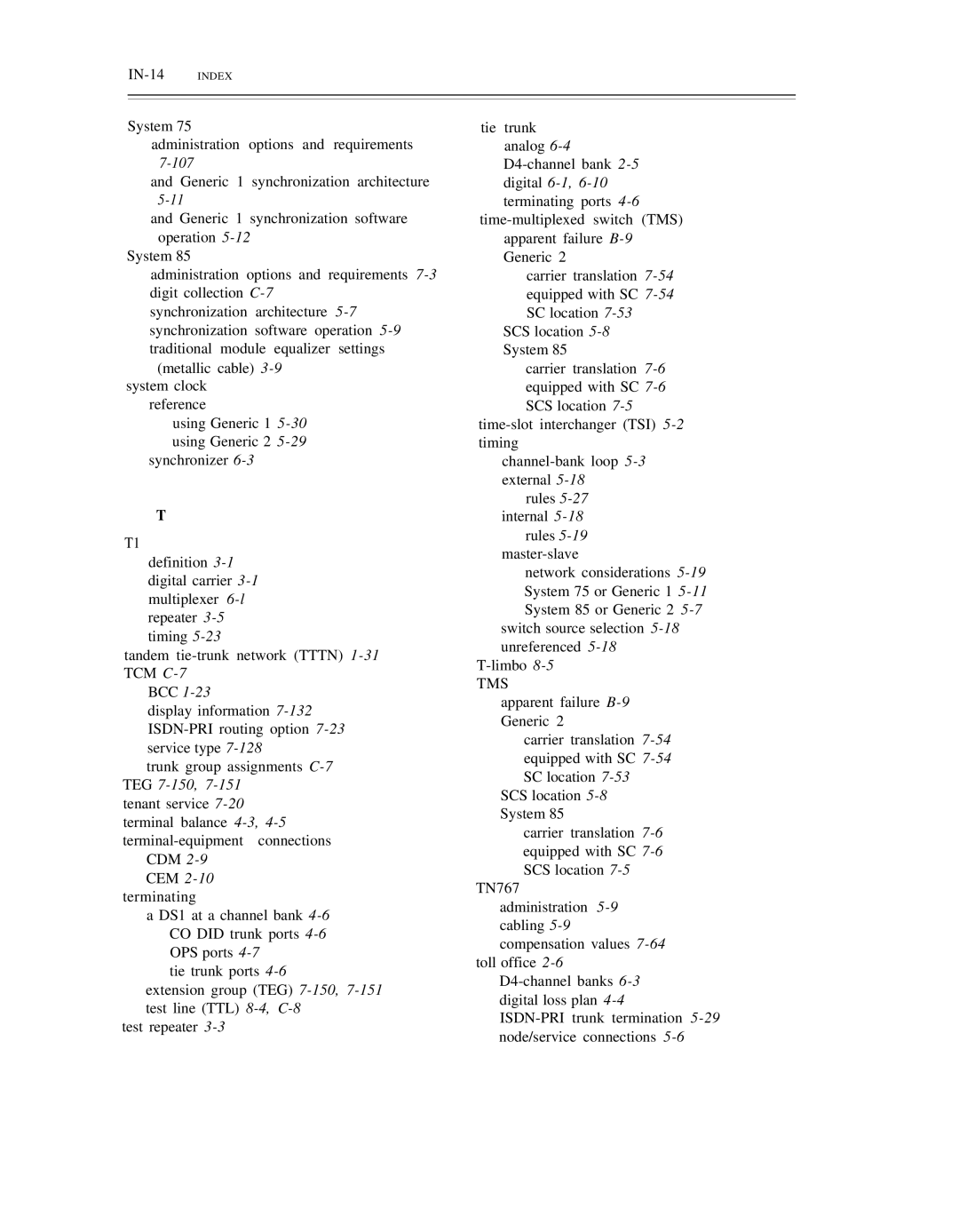 AT&T DS1/DMi/ISDN-PRI manual IN-14 Index, CEM 2-10terminating, Tms 