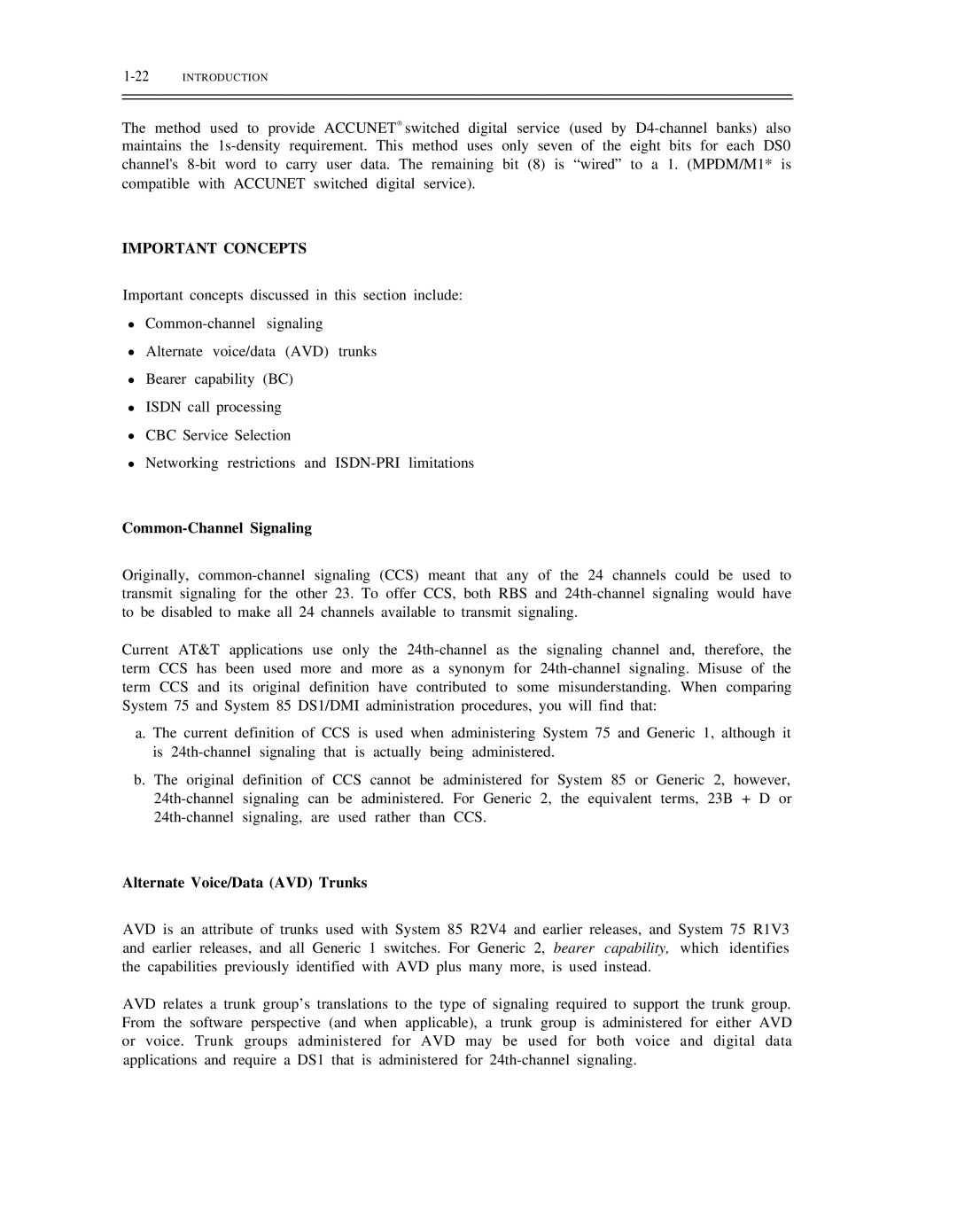 AT&T DS1/DMi/ISDN-PRI manual Important Concepts, Common-Channel Signaling, Alternate Voice/Data AVD Trunks, 22INTRODUCTION 