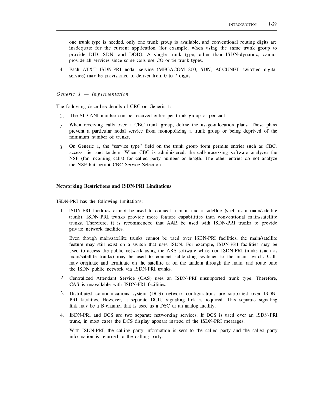 AT&T DS1/DMi/ISDN-PRI manual Generic 1 Implementation, Networking Restrictions and ISDN-PRI Limitations 