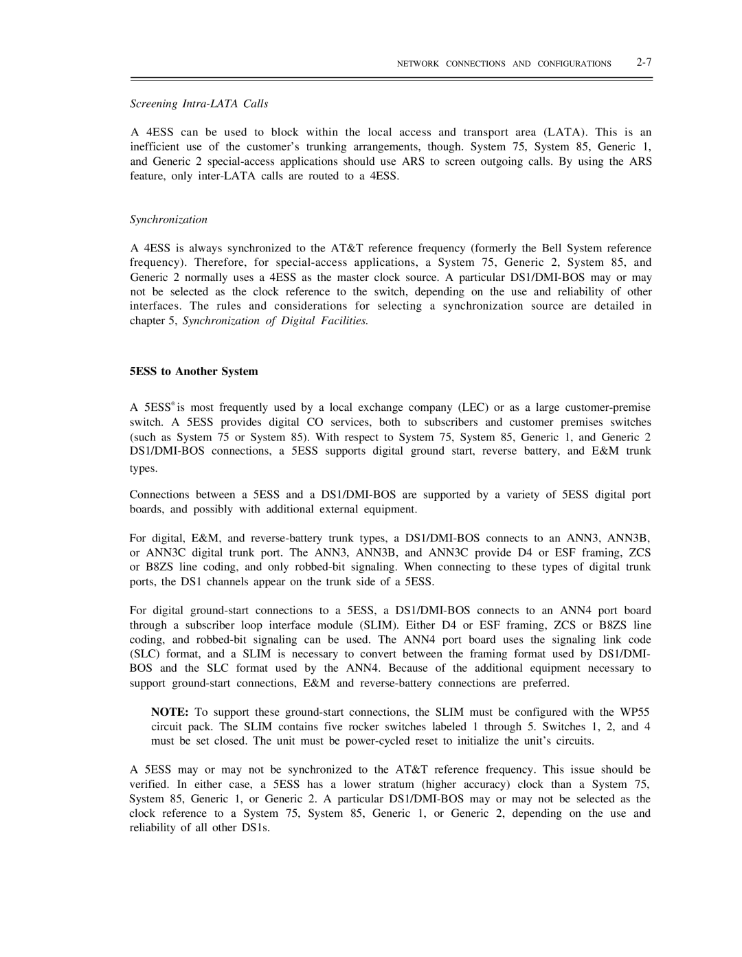 AT&T DS1/DMi/ISDN-PRI manual Screening Intra-LATA Calls, Synchronization, 5ESS to Another System 