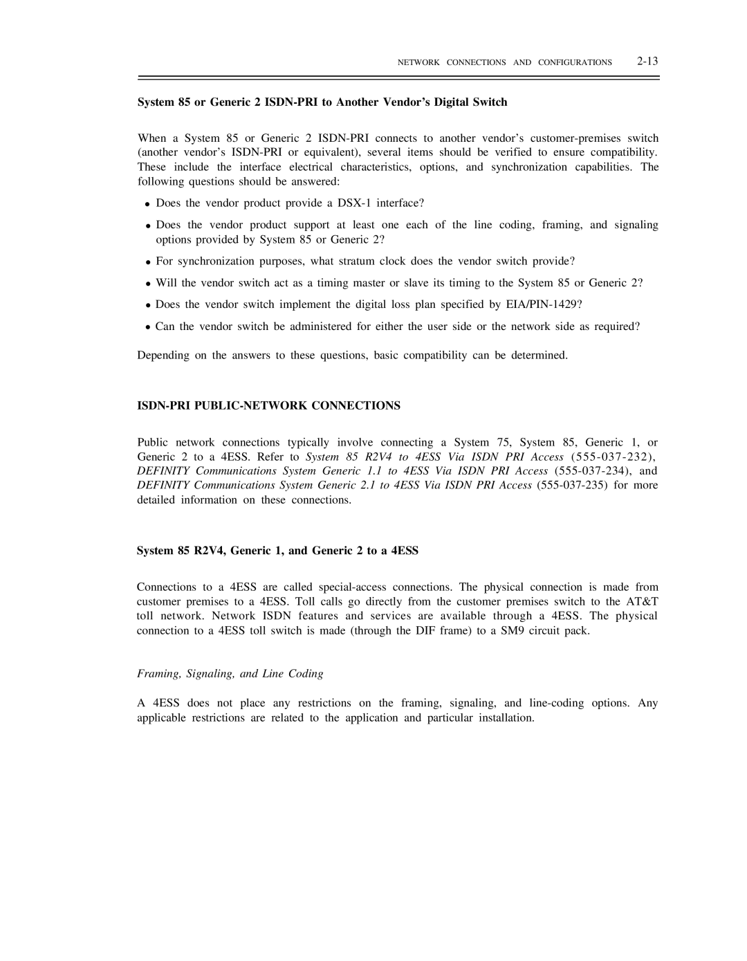 AT&T DS1/DMi/ISDN-PRI manual ISDN-PRI PUBLIC-NETWORK Connections, System 85 R2V4, Generic 1, and Generic 2 to a 4ESS 