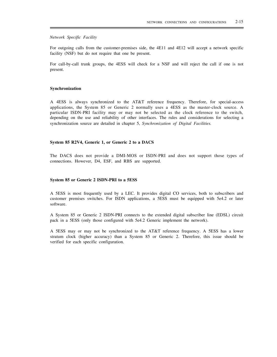 AT&T DS1/DMi/ISDN-PRI manual Network Specific Facility, Synchronization, System 85 R2V4, Generic 1, or Generic 2 to a Dacs 