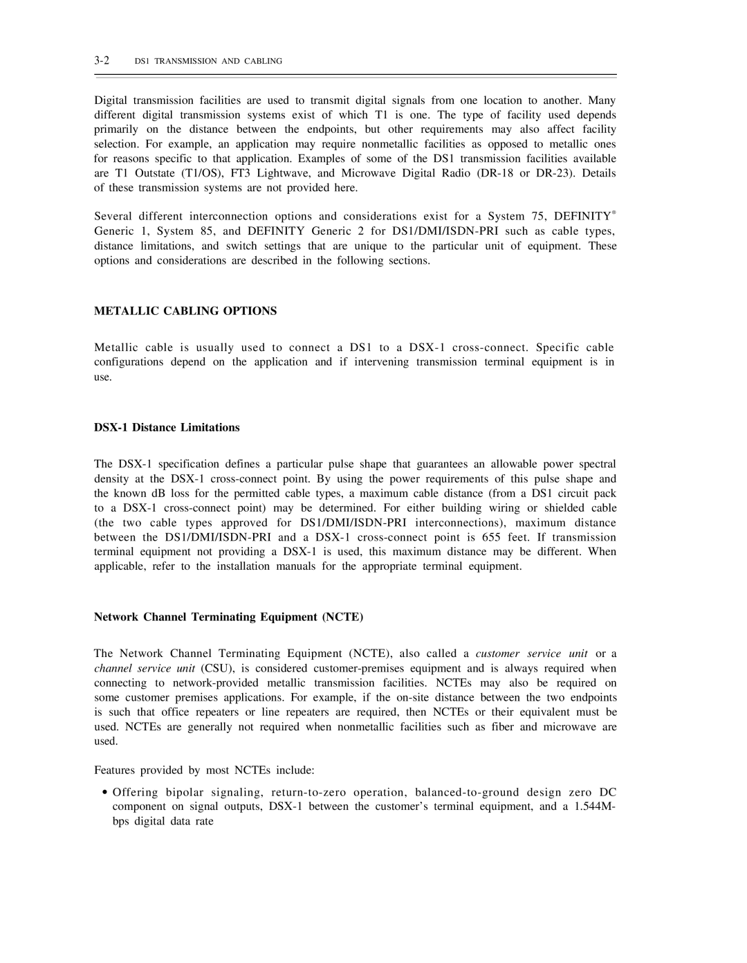 AT&T DS1/DMi/ISDN-PRI Metallic Cabling Options, DSX-1 Distance Limitations, Network Channel Terminating Equipment Ncte 