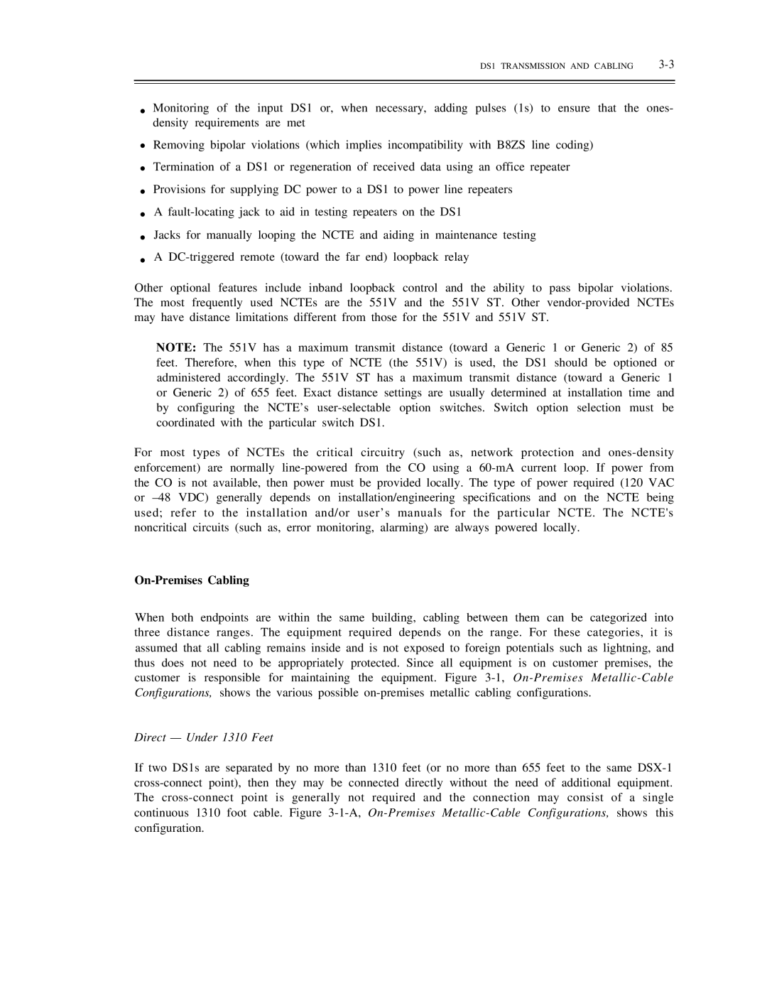 AT&T DS1/DMi/ISDN-PRI manual On-Premises Cabling, Direct Under 1310 Feet, DS1 Transmission and Cabling 