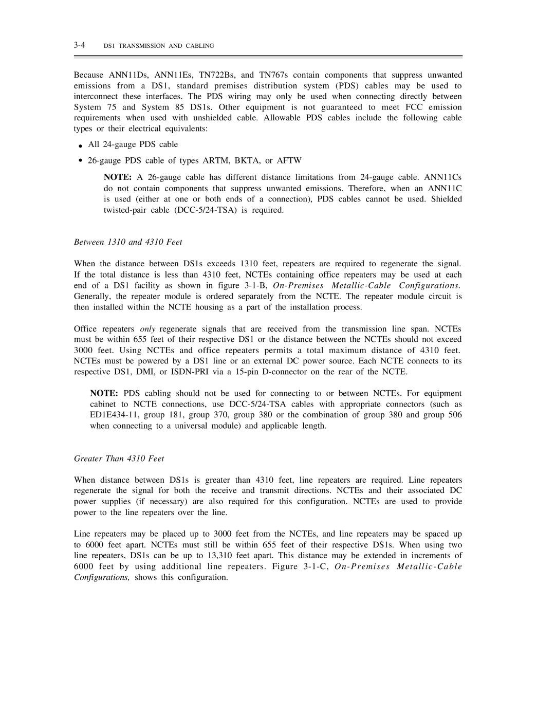 AT&T DS1/DMi/ISDN-PRI manual Between 1310 and 4310 Feet, Greater Than 4310 Feet, 4DS1 Transmission and Cabling 