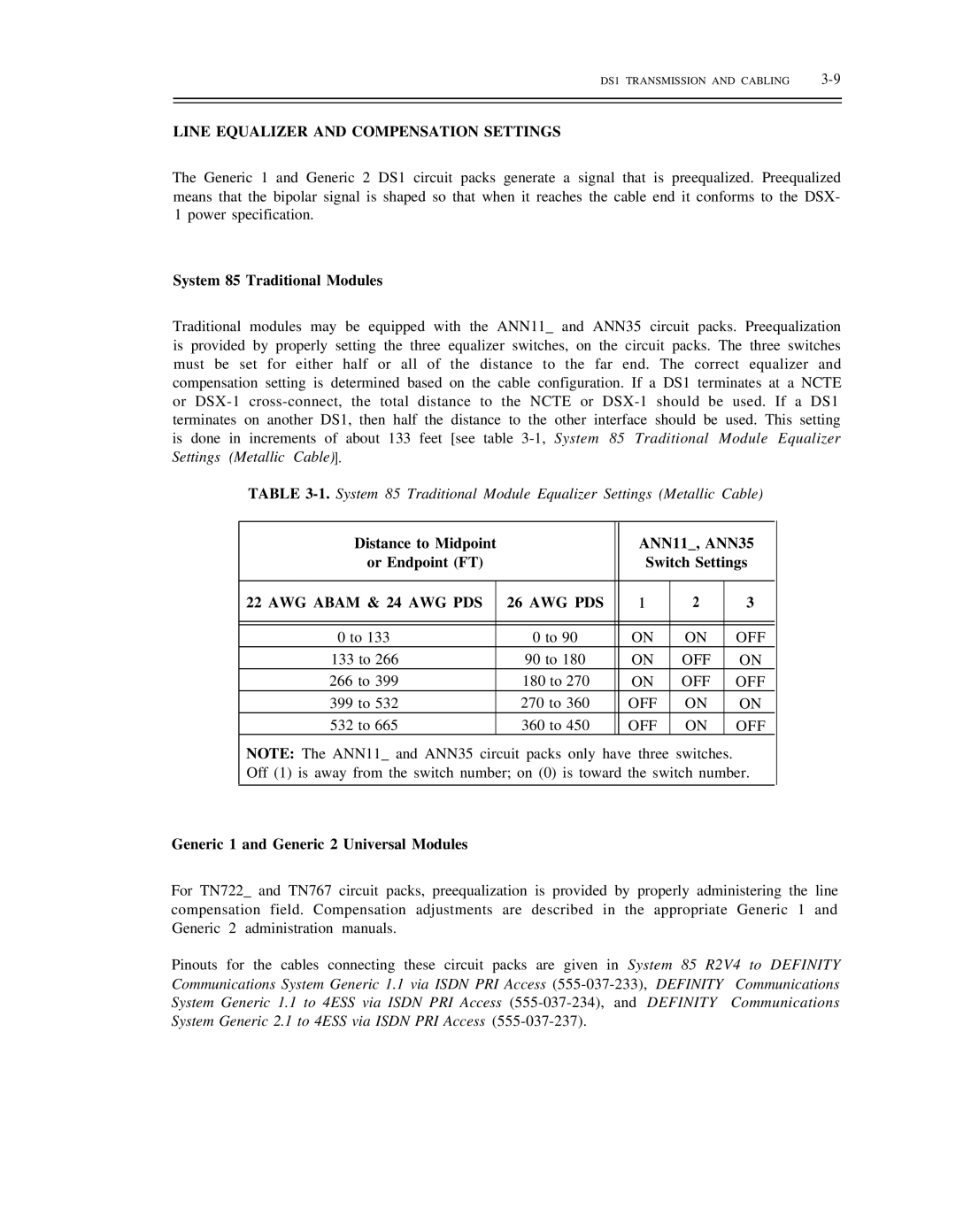 AT&T DS1/DMi/ISDN-PRI Line Equalizer and Compensation Settings, System 85 Traditional Modules, AWG Abam & 24 AWG PDS, Off 