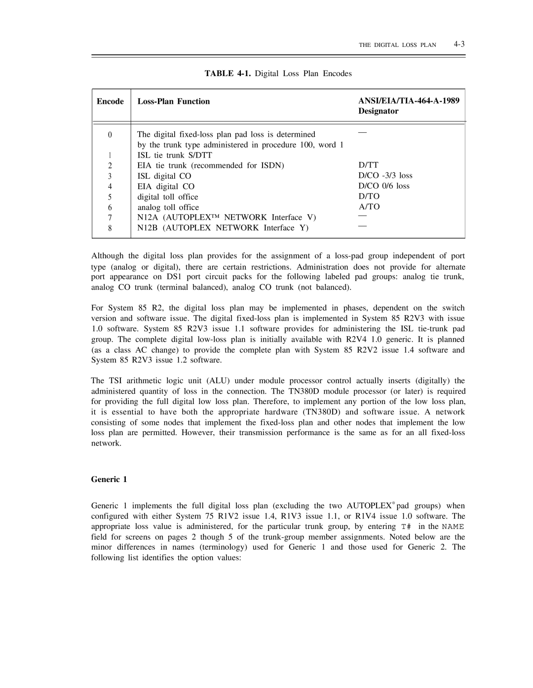 AT&T DS1/DMi/ISDN-PRI manual Encode Loss-Plan Function ANSI/EIA/TIA-464-A-1989 Designator, Digital Loss Plan 