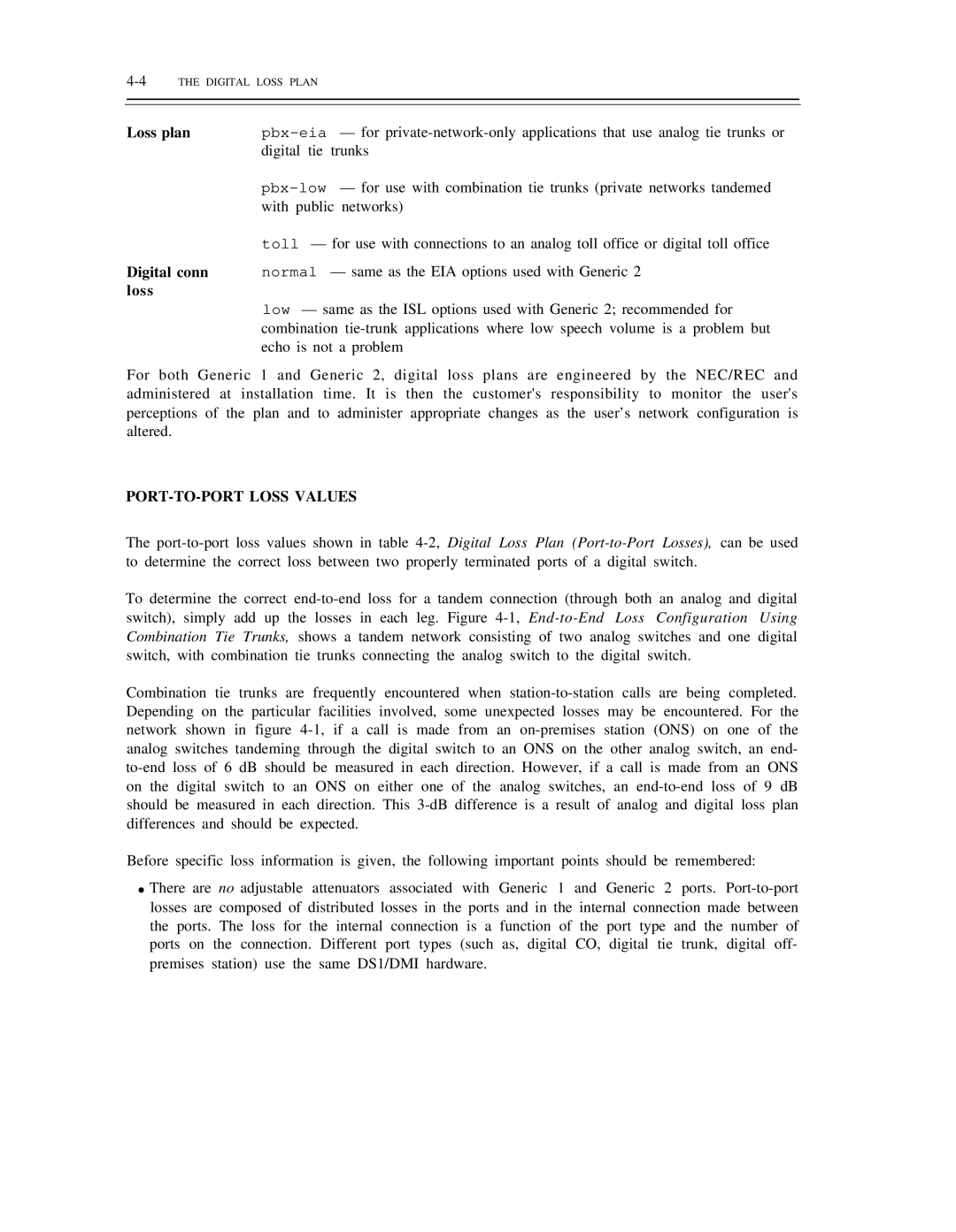 AT&T DS1/DMi/ISDN-PRI manual Loss plan, Digital conn, PORT-TO-PORT Loss Values, 4THE Digital Loss Plan 