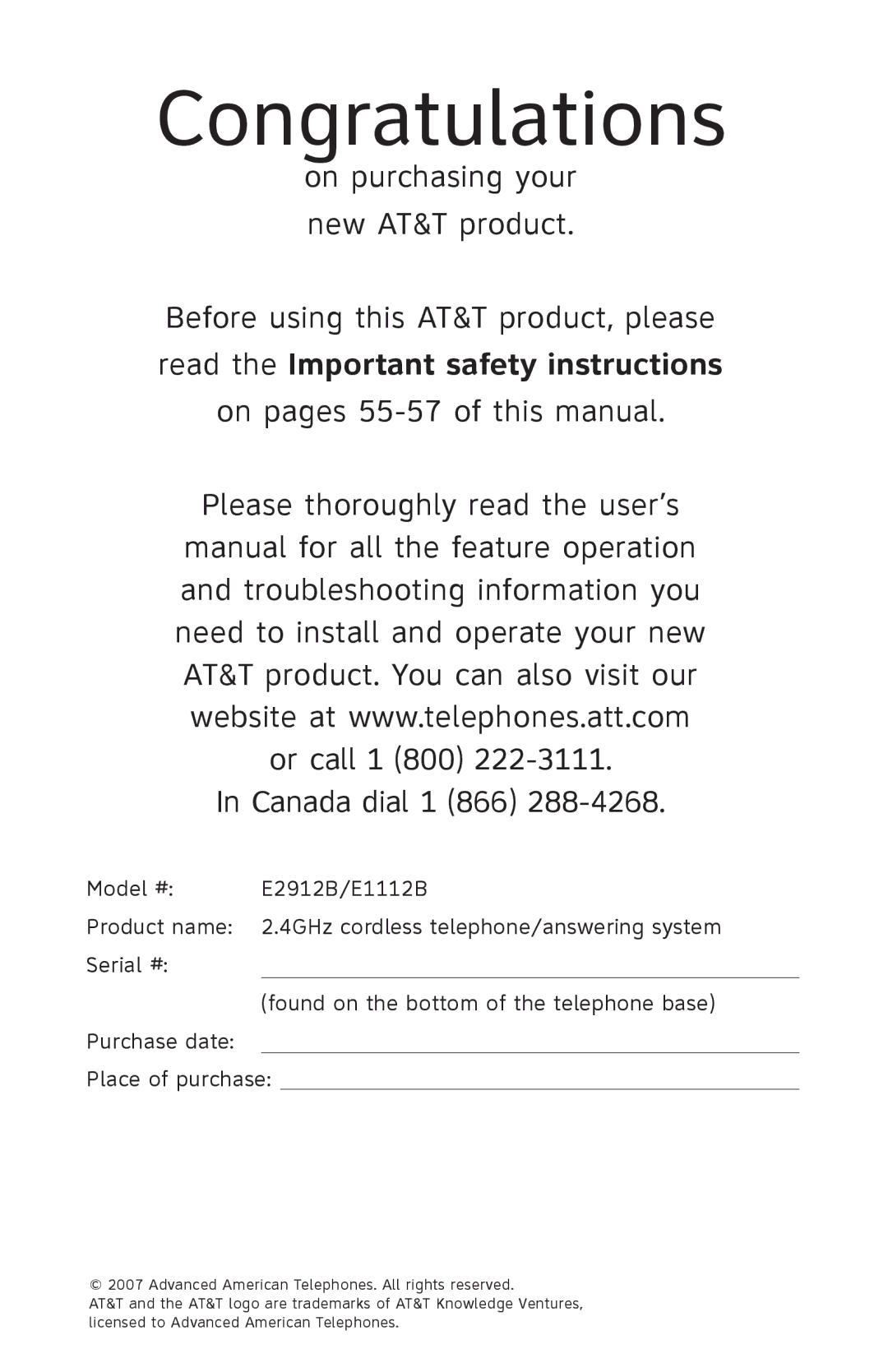 AT&T E1112B, E2912B user manual Congratulations, On pages 55-57 of this manual Canada dial 1 866 