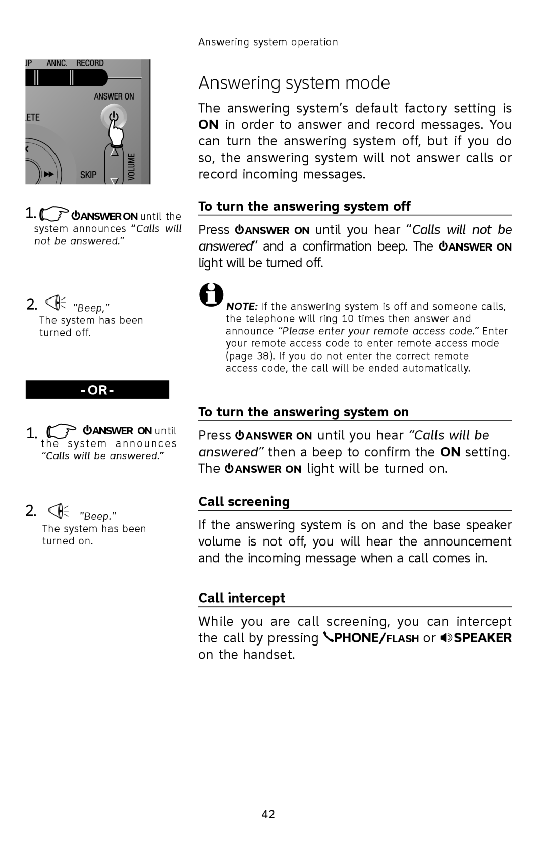 AT&T E2912B Answering system mode, To turn the answering system off, To turn the answering system on, Call screening 