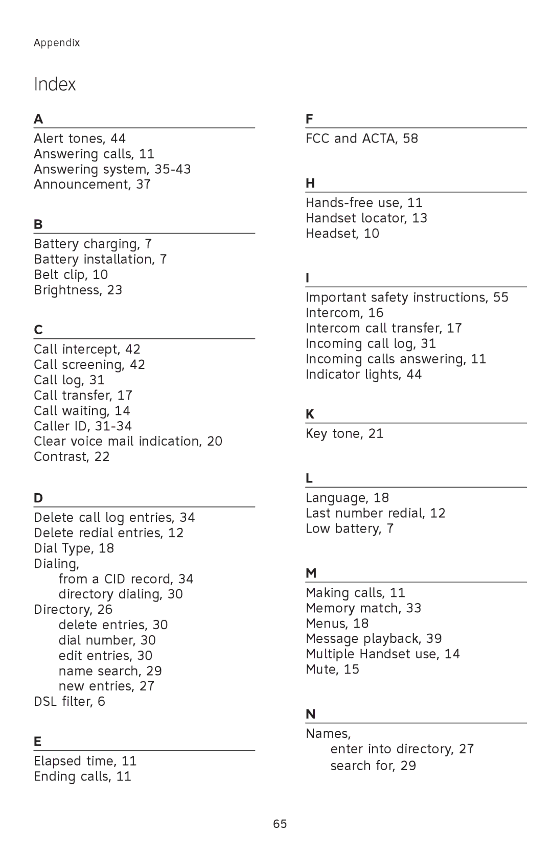 AT&T E1112B, E2912B user manual Index 