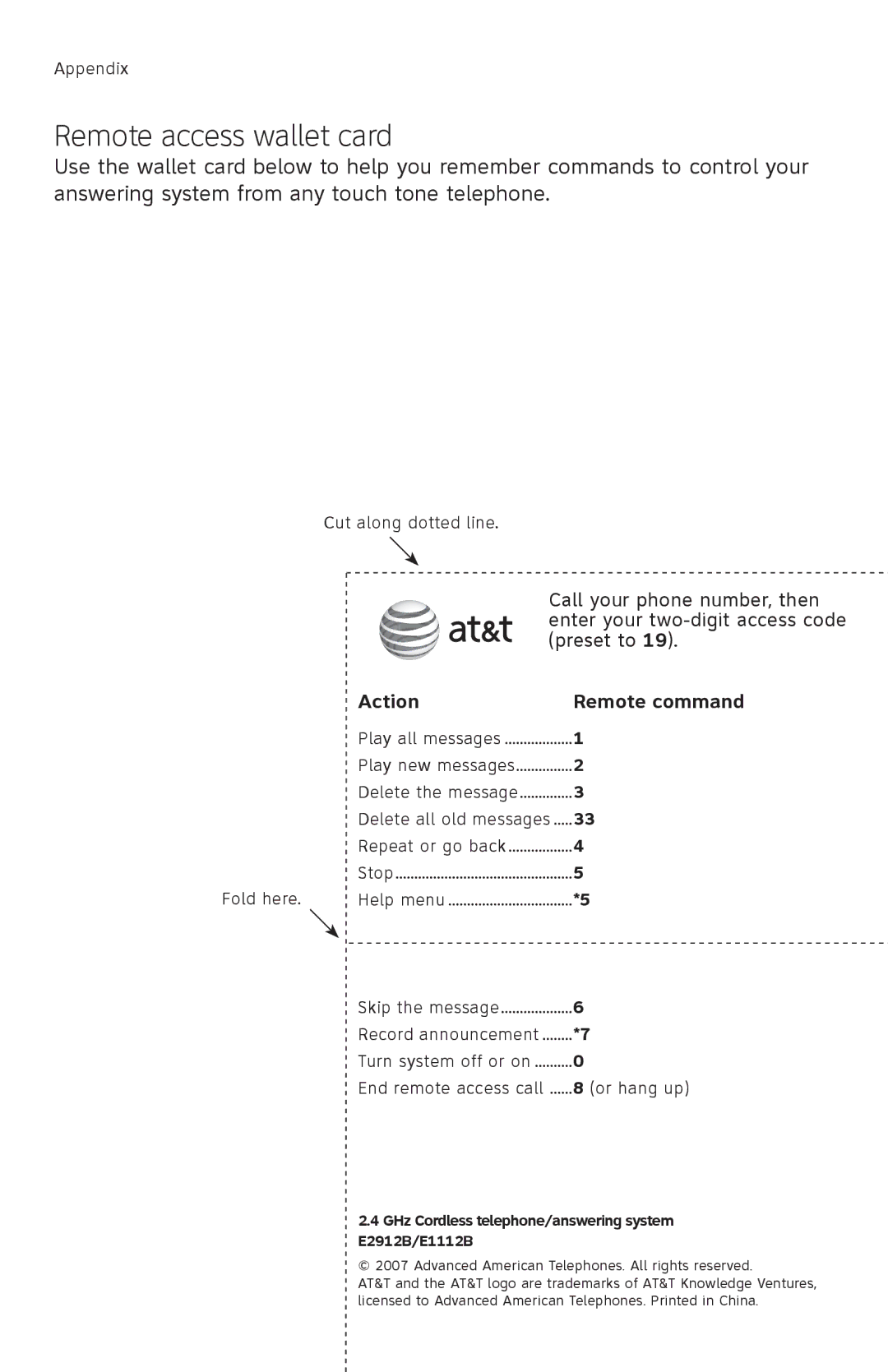 AT&T E1112B, E2912B user manual Remote access wallet card, Action Remote command 