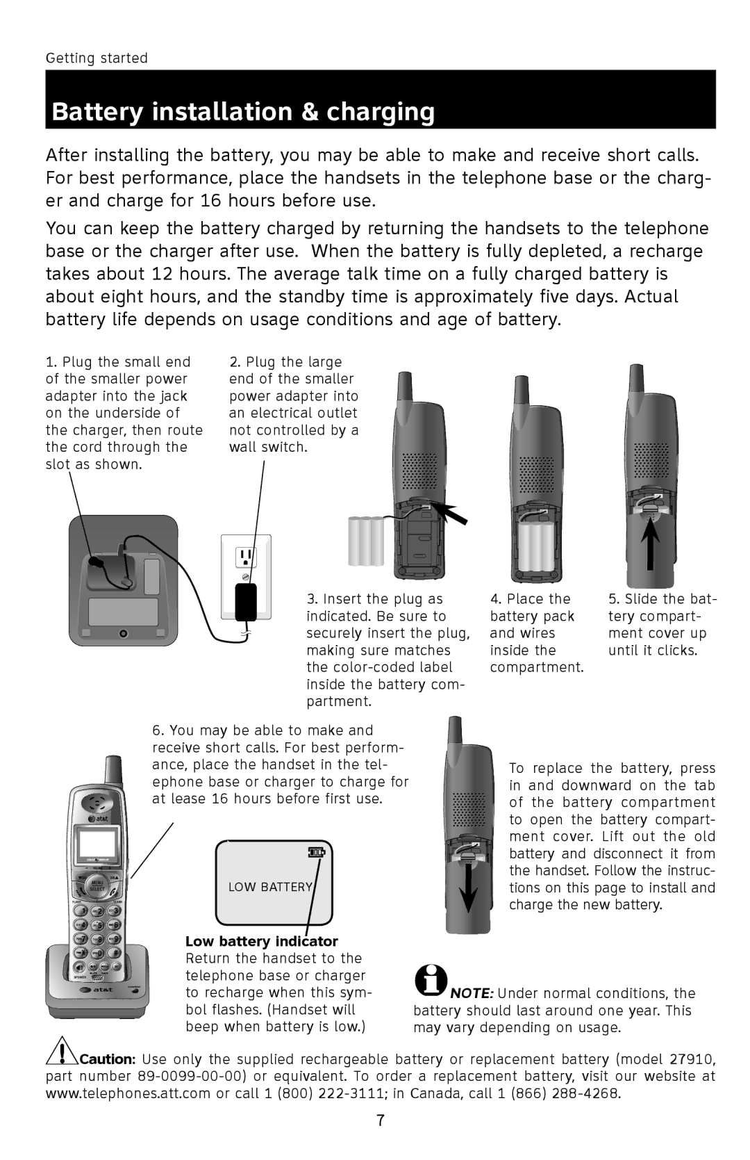 AT&T E1113B user manual Battery installation & charging 