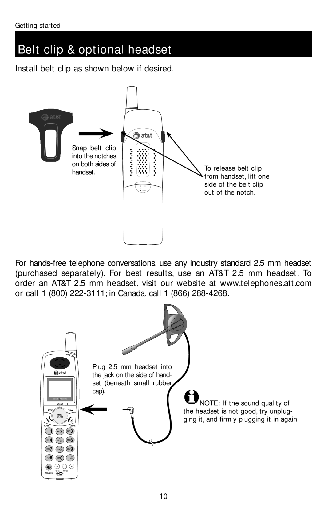 AT&T E1113B user manual Belt clip & optional headset, Install belt clip as shown below if desired 