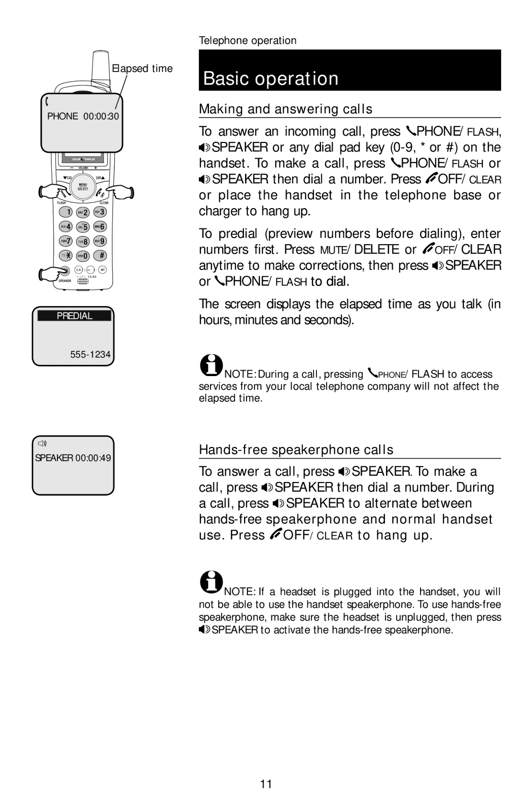 AT&T E1113B user manual Basic operation, Making and answering calls, Hands-free speakerphone calls 