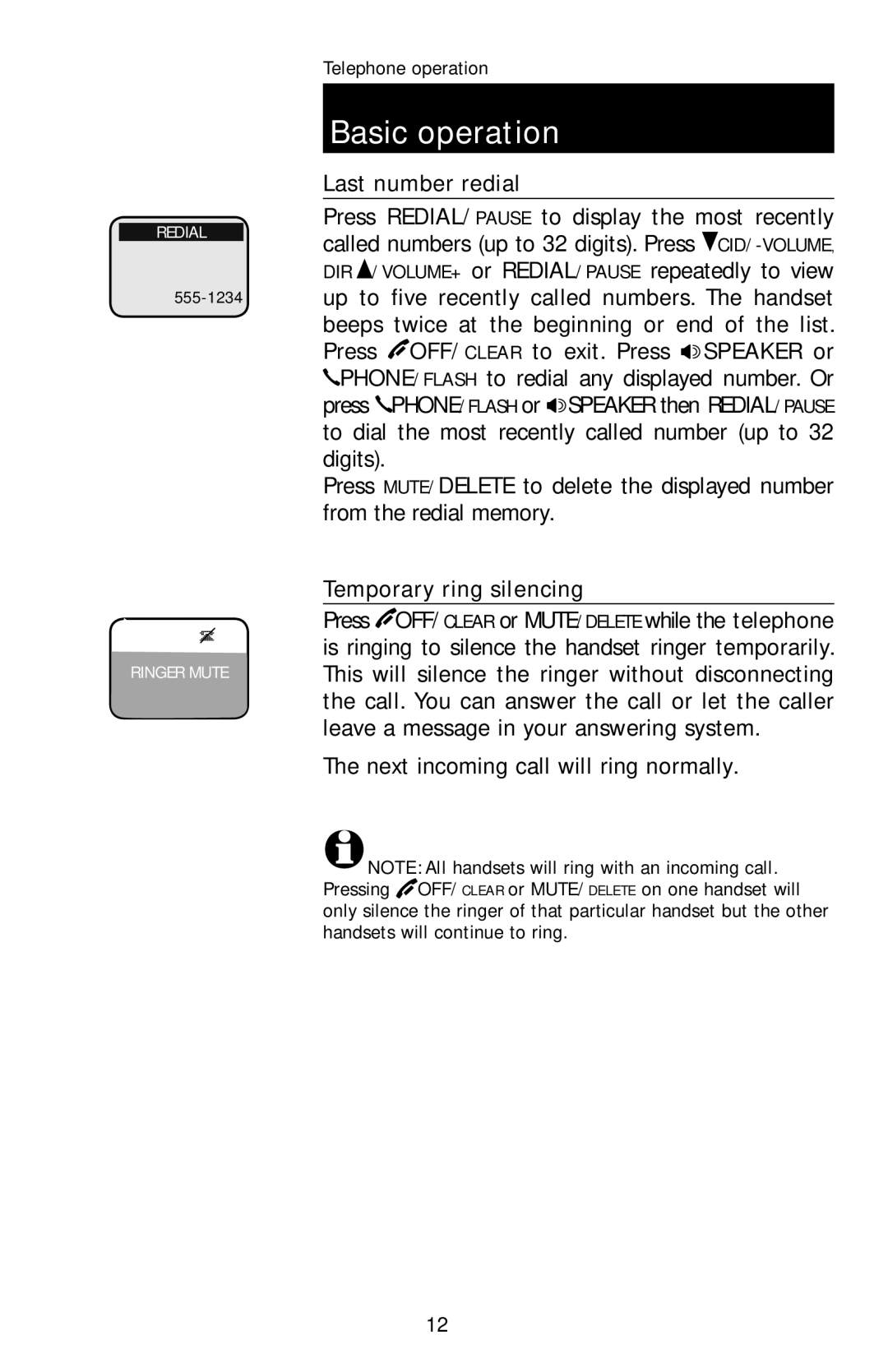 AT&T E1113B user manual Last number redial, Temporary ring silencing 