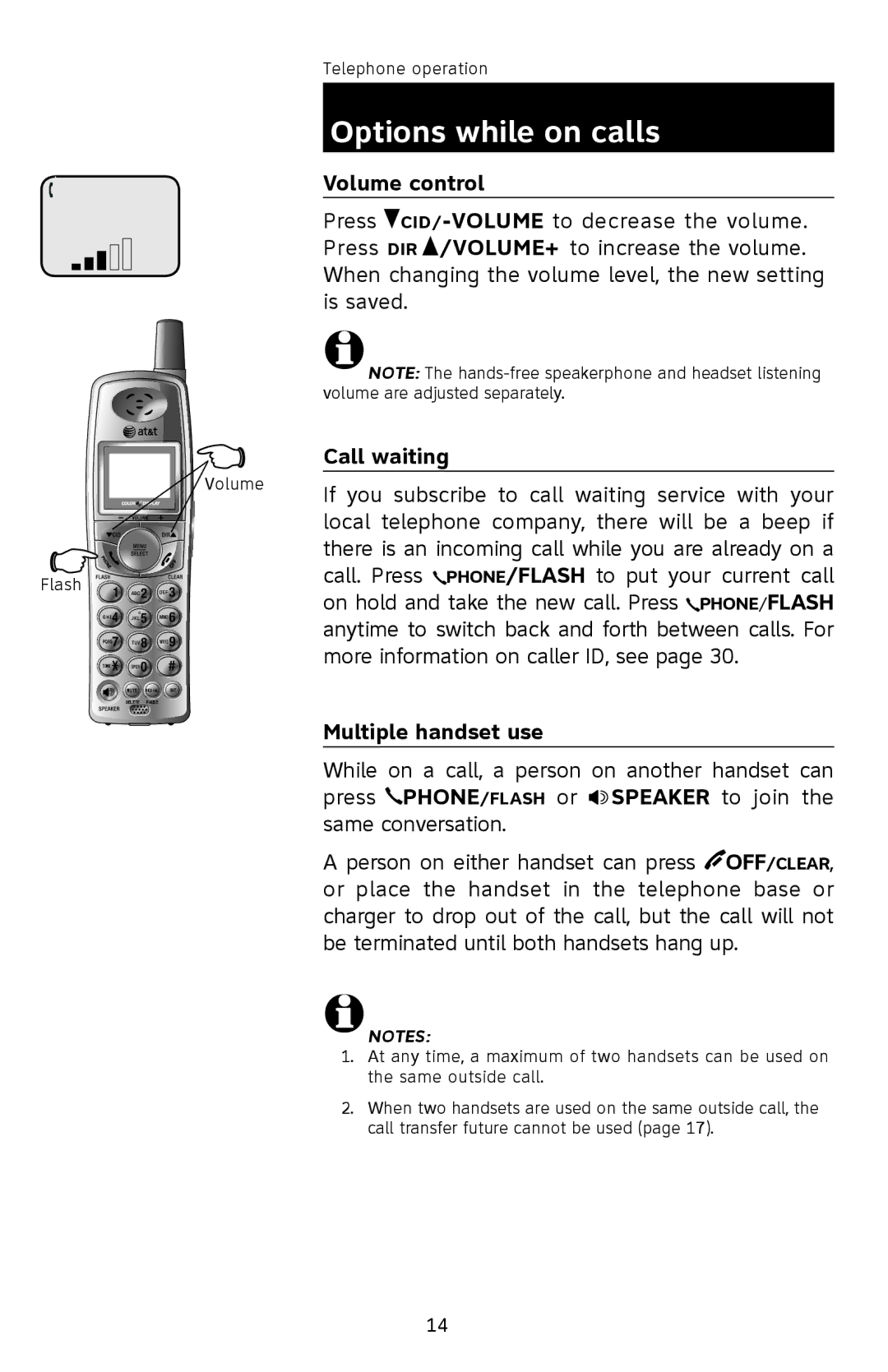 AT&T E1113B user manual Options while on calls, Volume control, Call waiting, Multiple handset use 