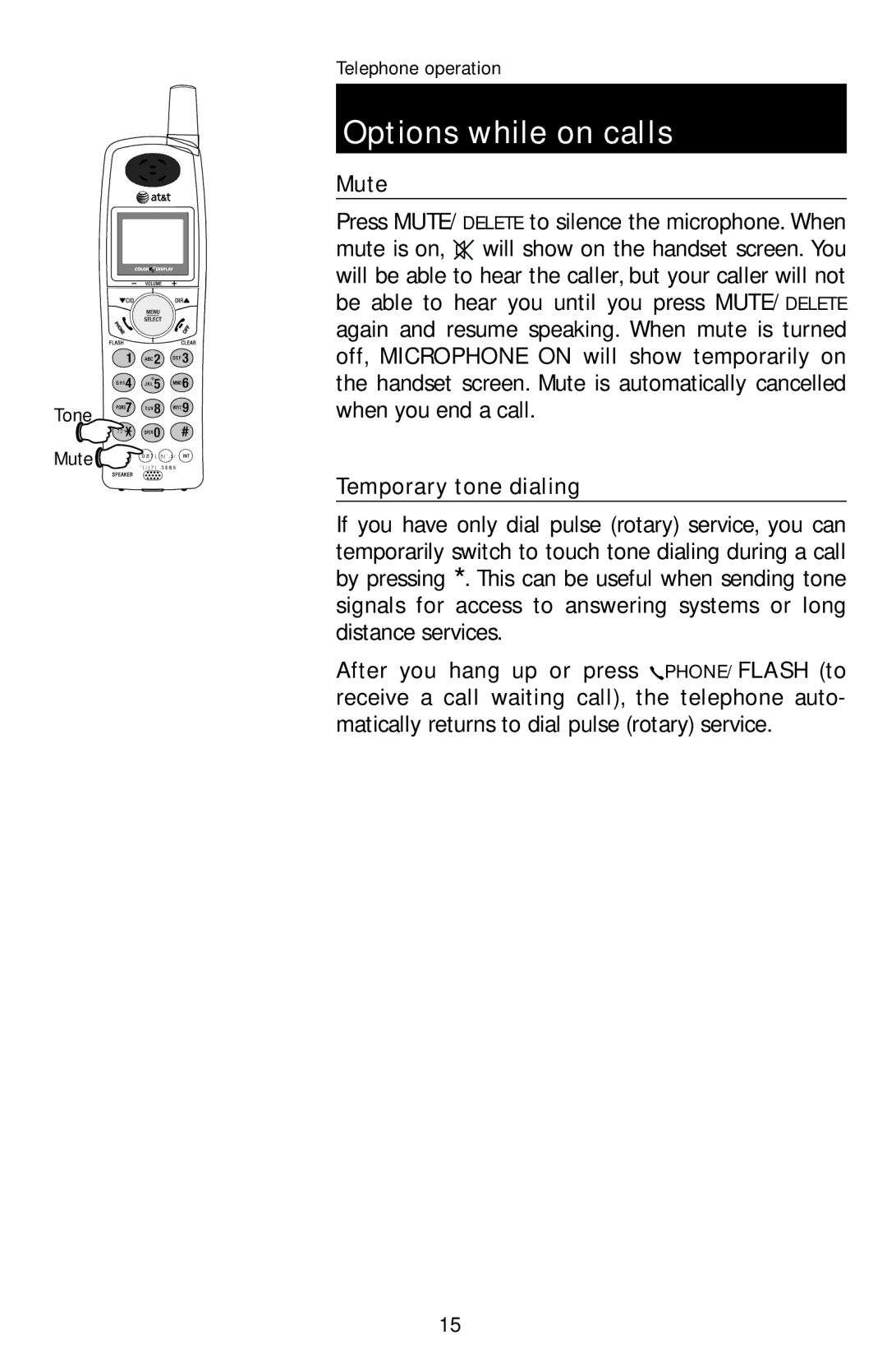 AT&T E1113B user manual Mute, Temporary tone dialing 