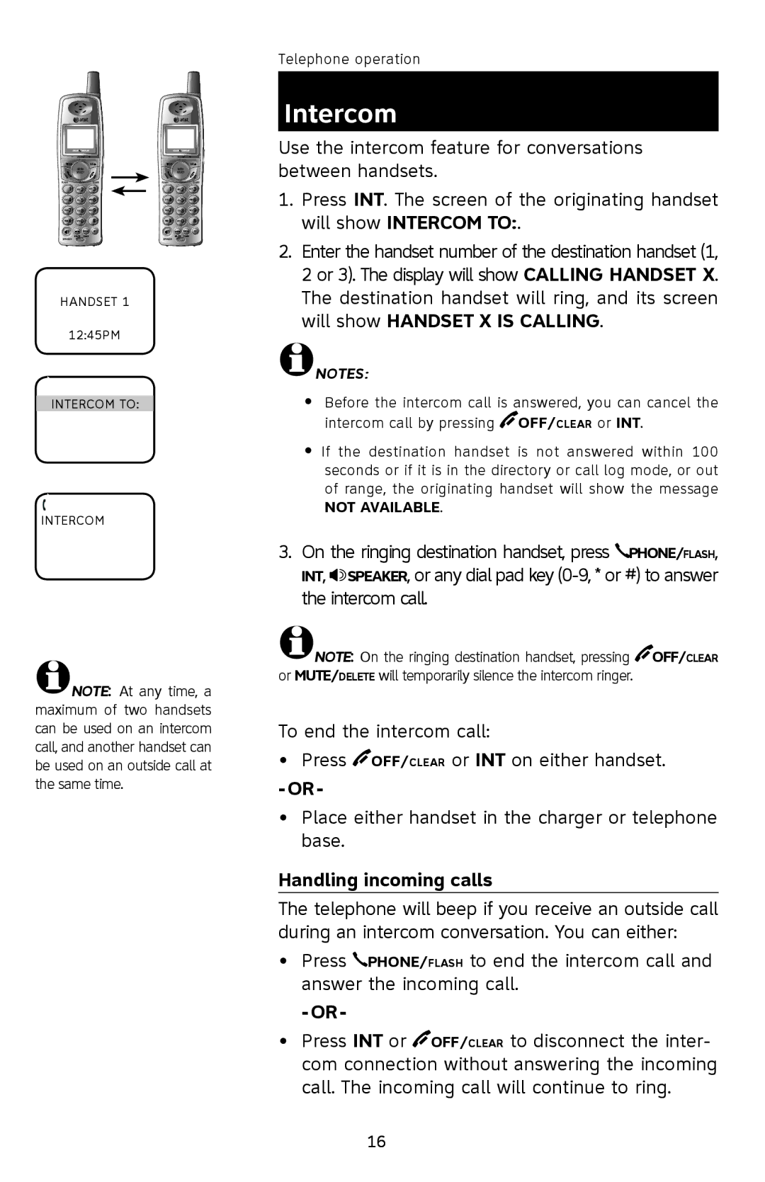 AT&T E1113B user manual Intercom, Handling incoming calls 