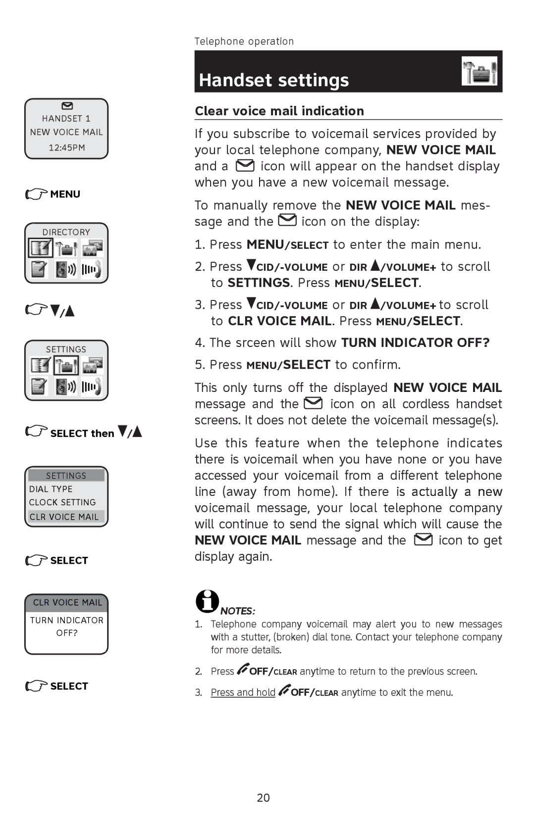 AT&T E1113B user manual Clear voice mail indication 