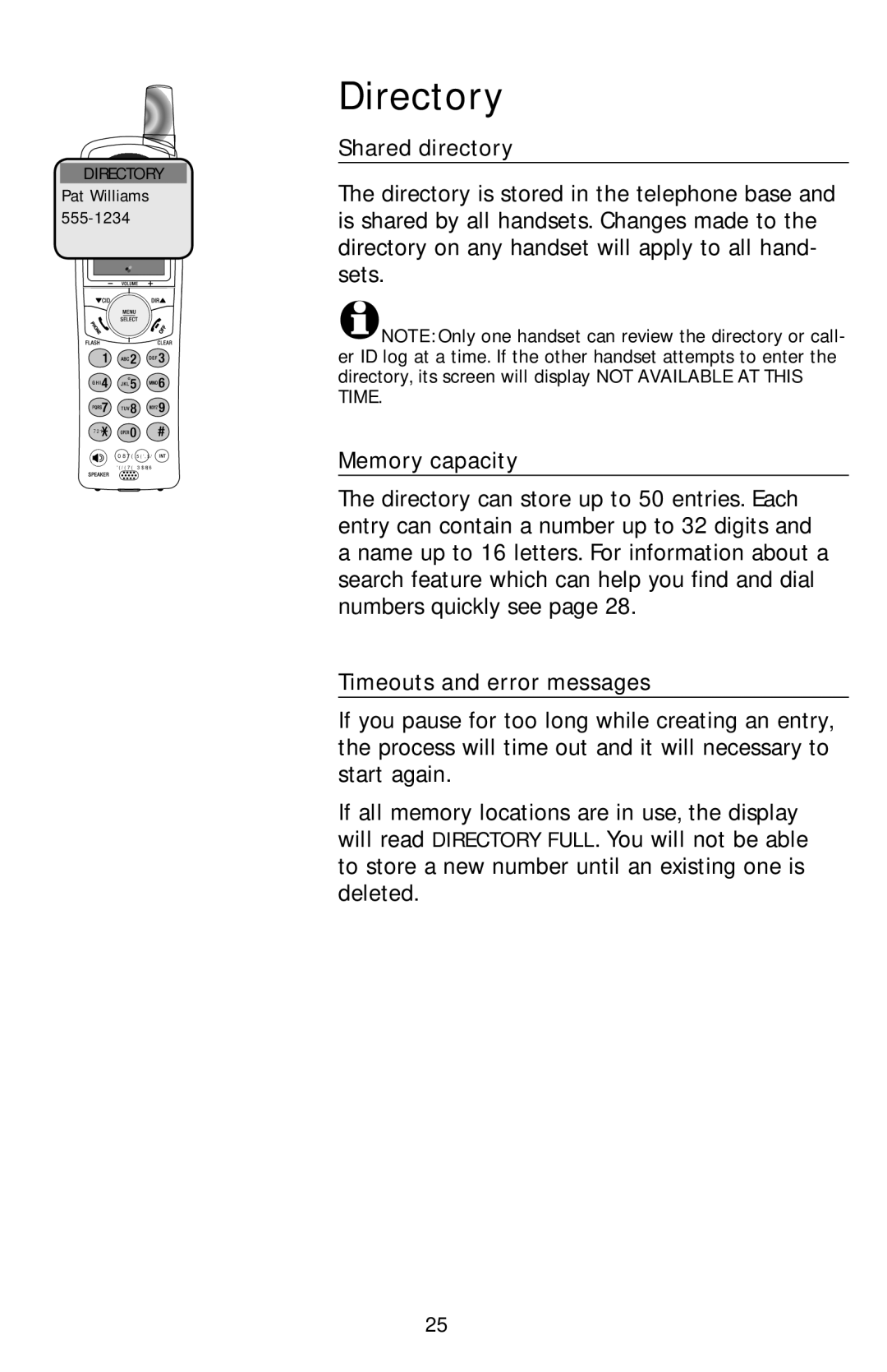 AT&T E1113B user manual Shared directory, Memory capacity, Timeouts and error messages 