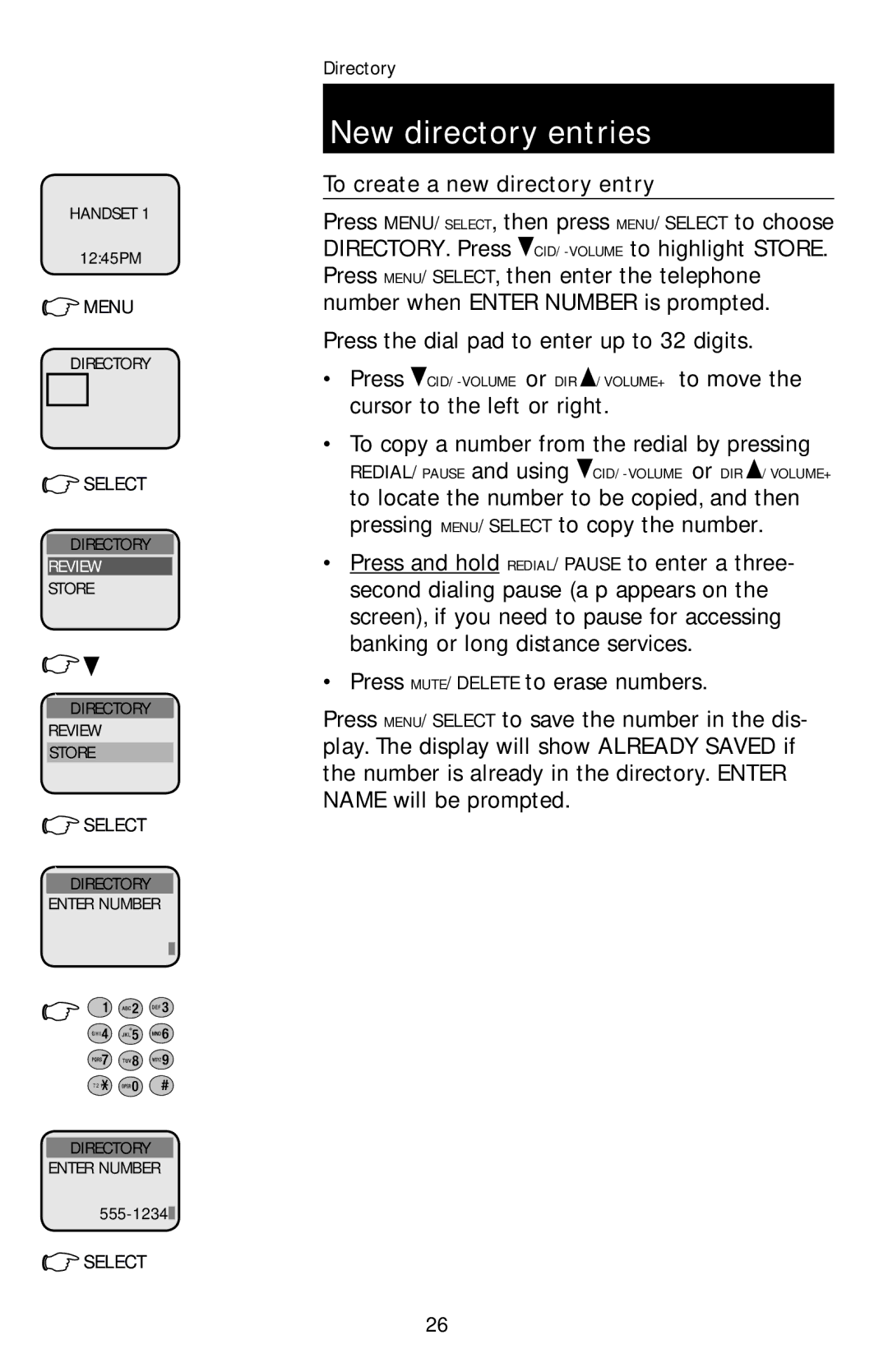 AT&T E1113B user manual New directory entries, To create a new directory entry 