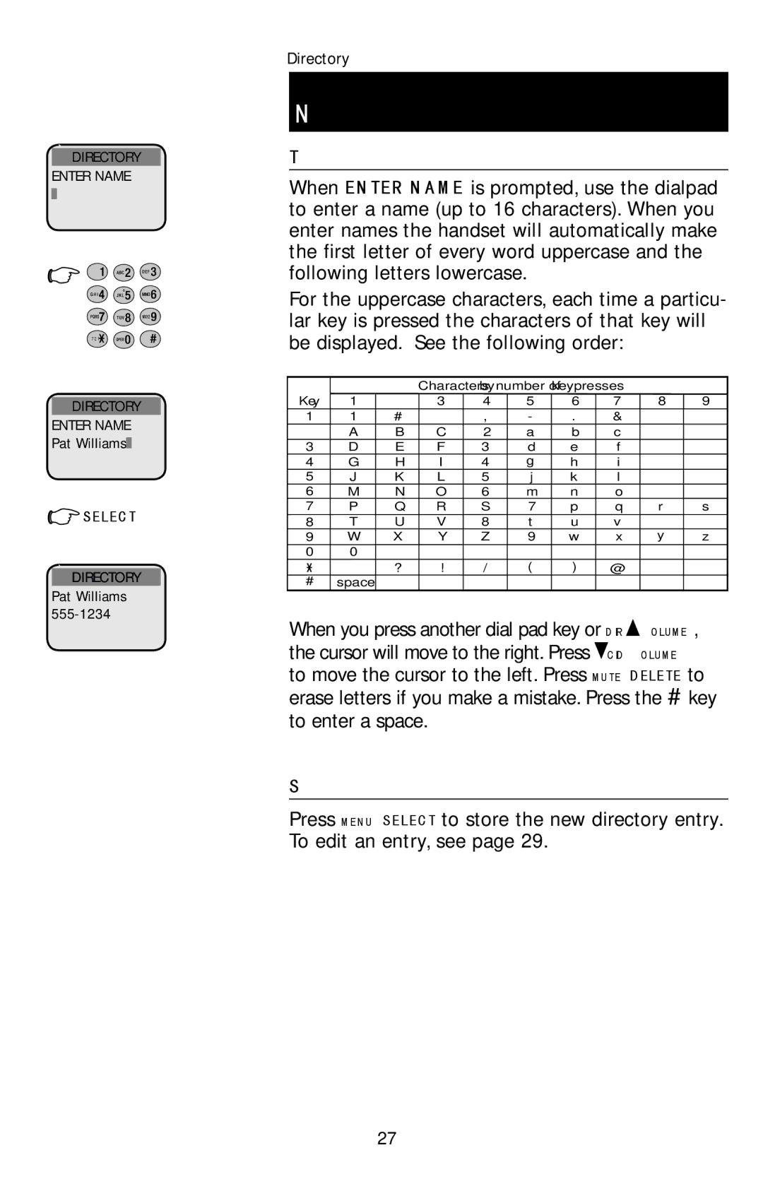 AT&T E1113B user manual To enter a name, Storing the entry 