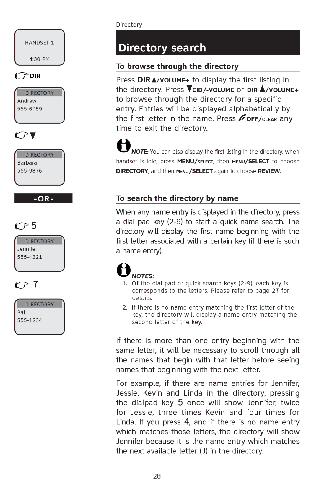 AT&T E1113B user manual Directory search, To browse through the directory, To search the directory by name 