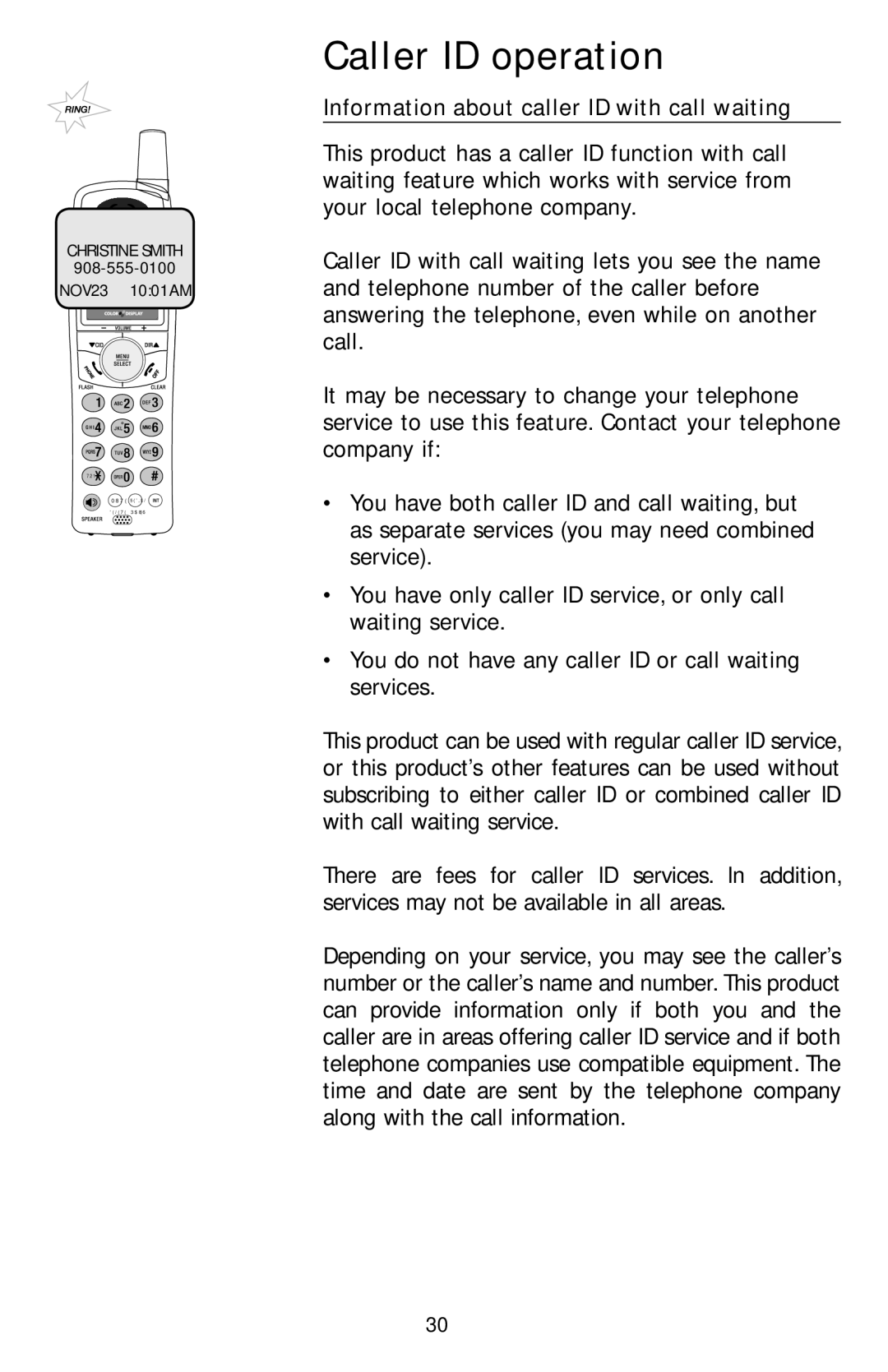 AT&T E1113B user manual Caller ID operation, Information about caller ID with call waiting 