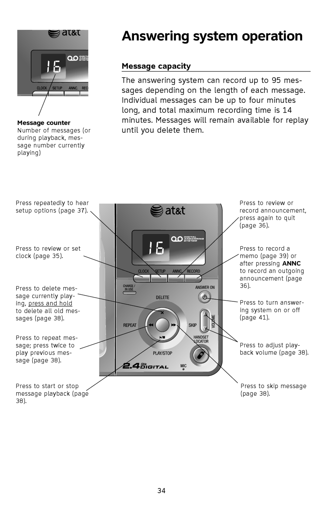 AT&T E1113B user manual Message capacity, Message counter 