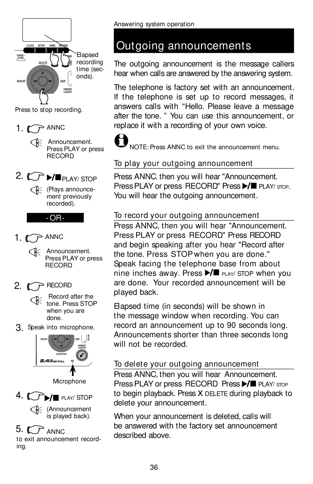 AT&T E1113B user manual Outgoing announcements, To play your outgoing announcement, To record your outgoing announcement 