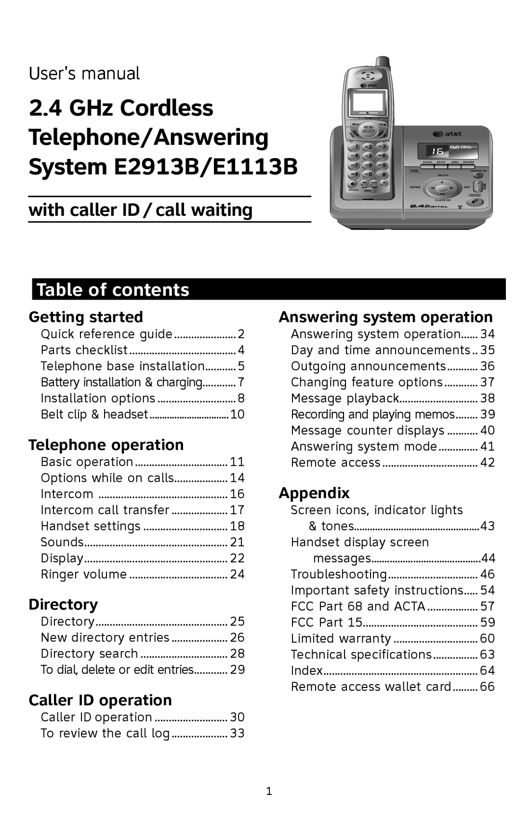 AT&T user manual GHz Cordless Telephone/Answering System E2913B/E1113B, Table of contents 