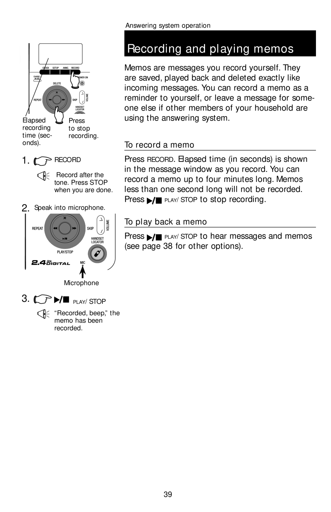 AT&T E1113B user manual Recording and playing memos, To record a memo, To play back a memo 