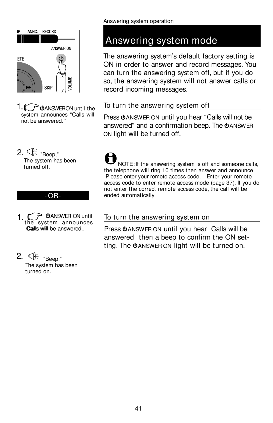 AT&T E1113B user manual Answering system mode, To turn the answering system off, To turn the answering system on 