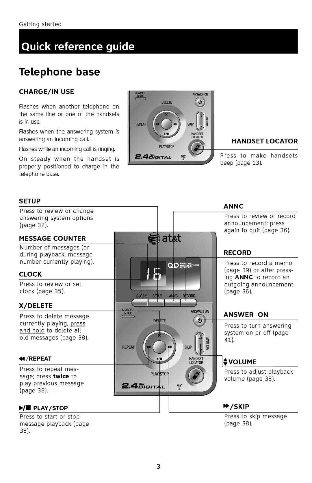 AT&T E1113B user manual Telephone base 