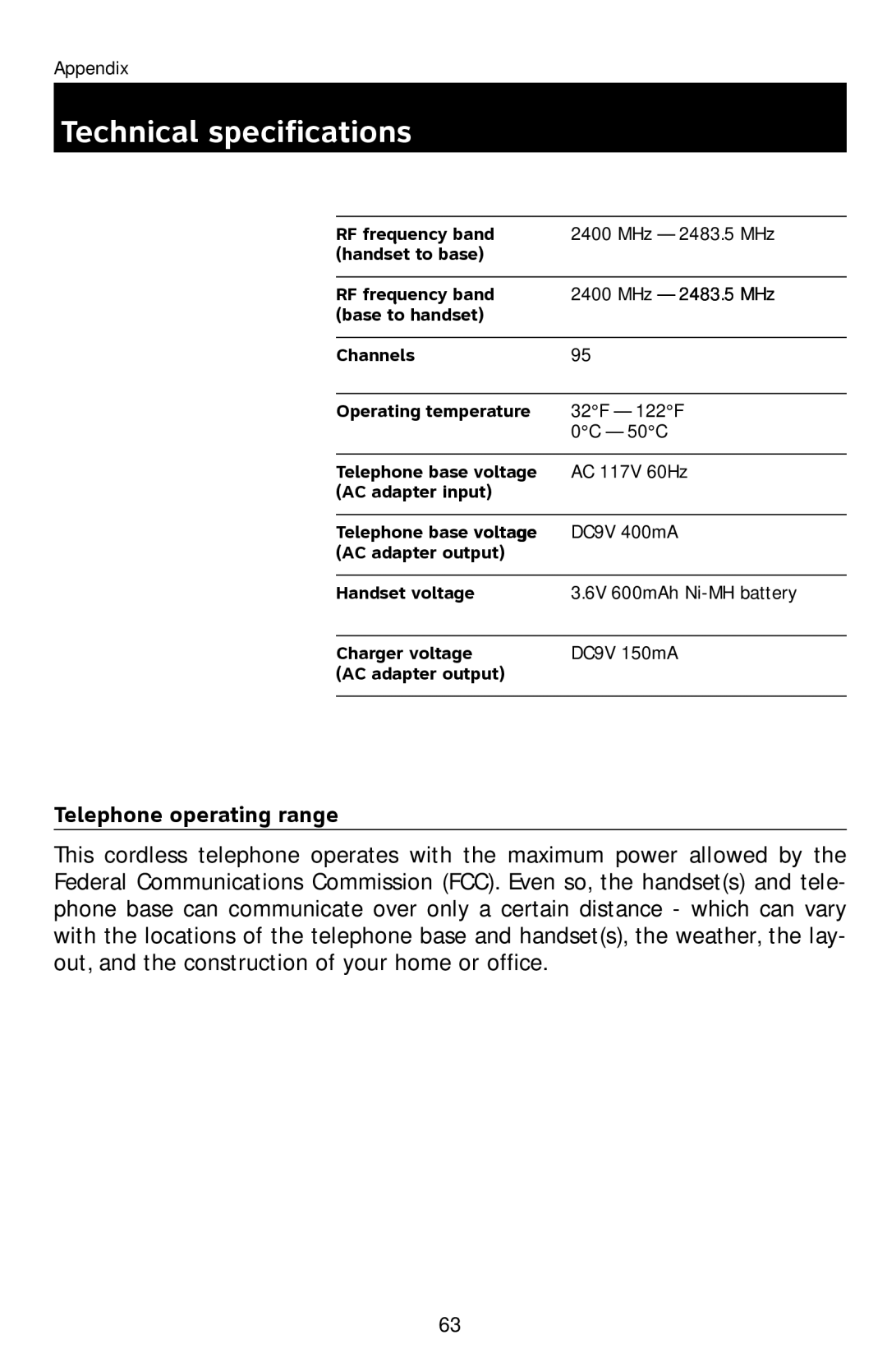 AT&T E1113B user manual Technical specifications, Telephone operating range 