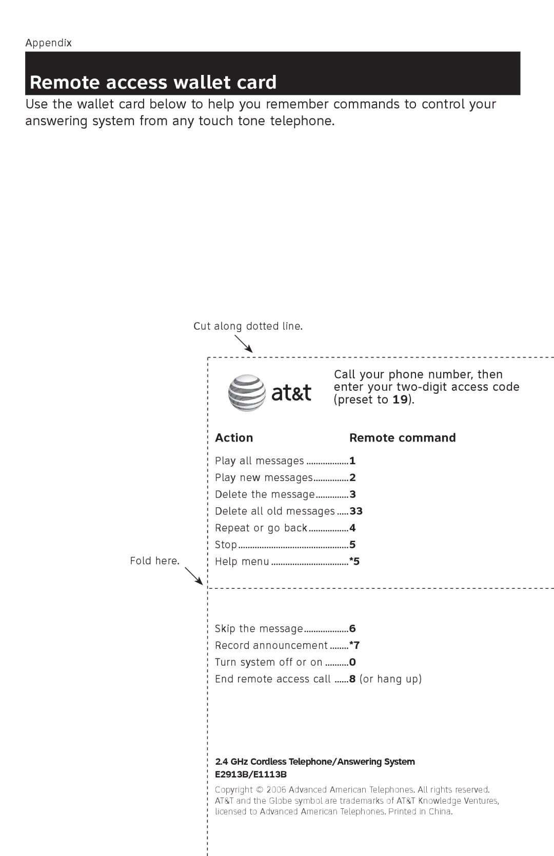 AT&T E1113B user manual Remote access wallet card, Action Remote command 