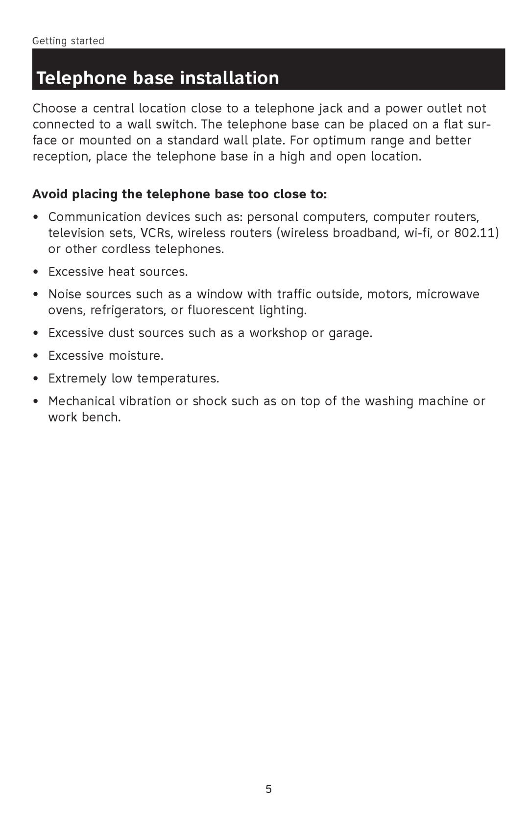 AT&T E1113B user manual Telephone base installation, Avoid placing the telephone base too close to 