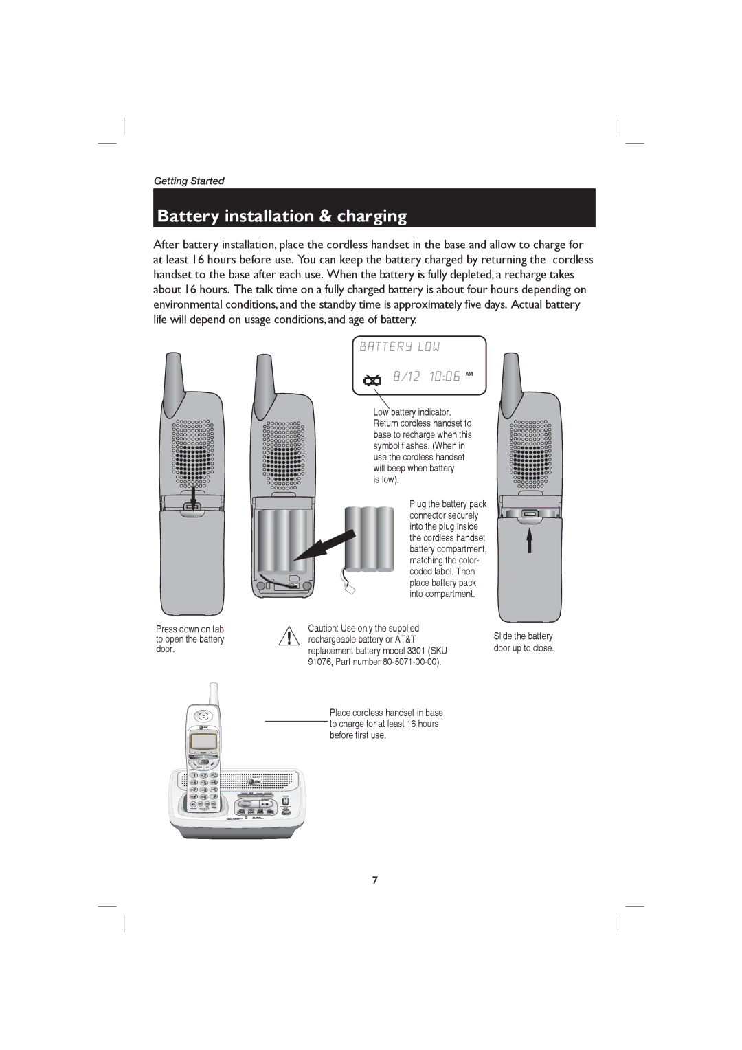 AT&T E2126, E1126 user manual Battery installation & charging, Press down on tab to open the battery door, Is low 