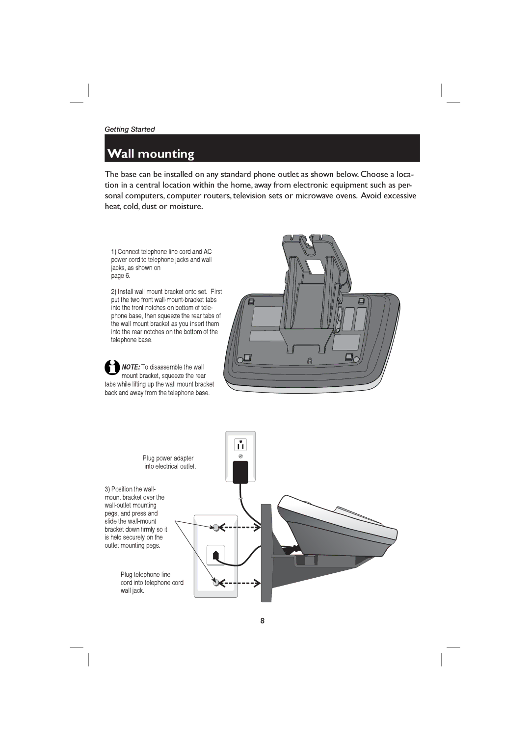 AT&T E1126, E2126 user manual Wall mounting, Plug telephone line cord into telephone cord wall jack 