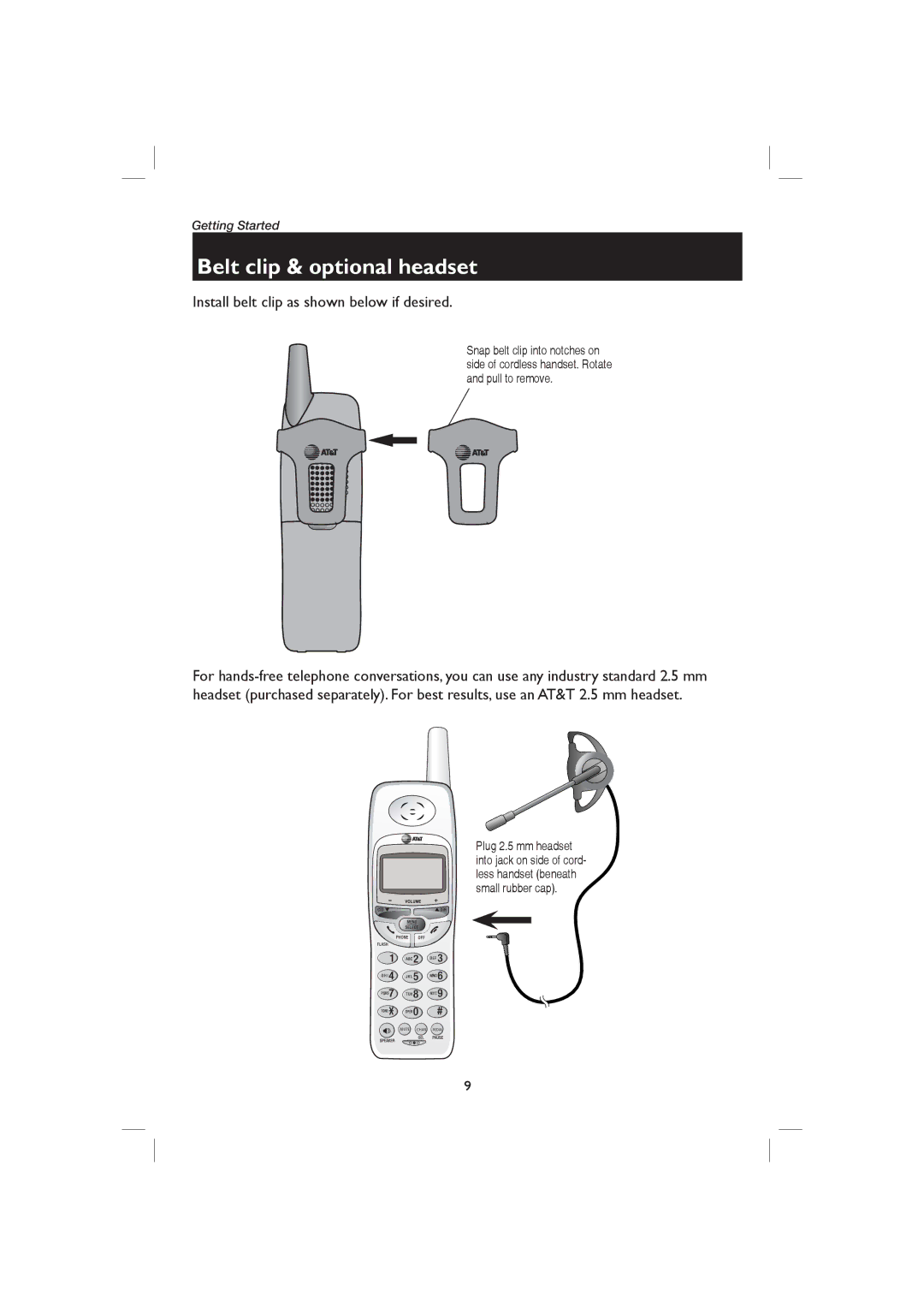 AT&T E2126, E1126 user manual Belt clip & optional headset, Install belt clip as shown below if desired 