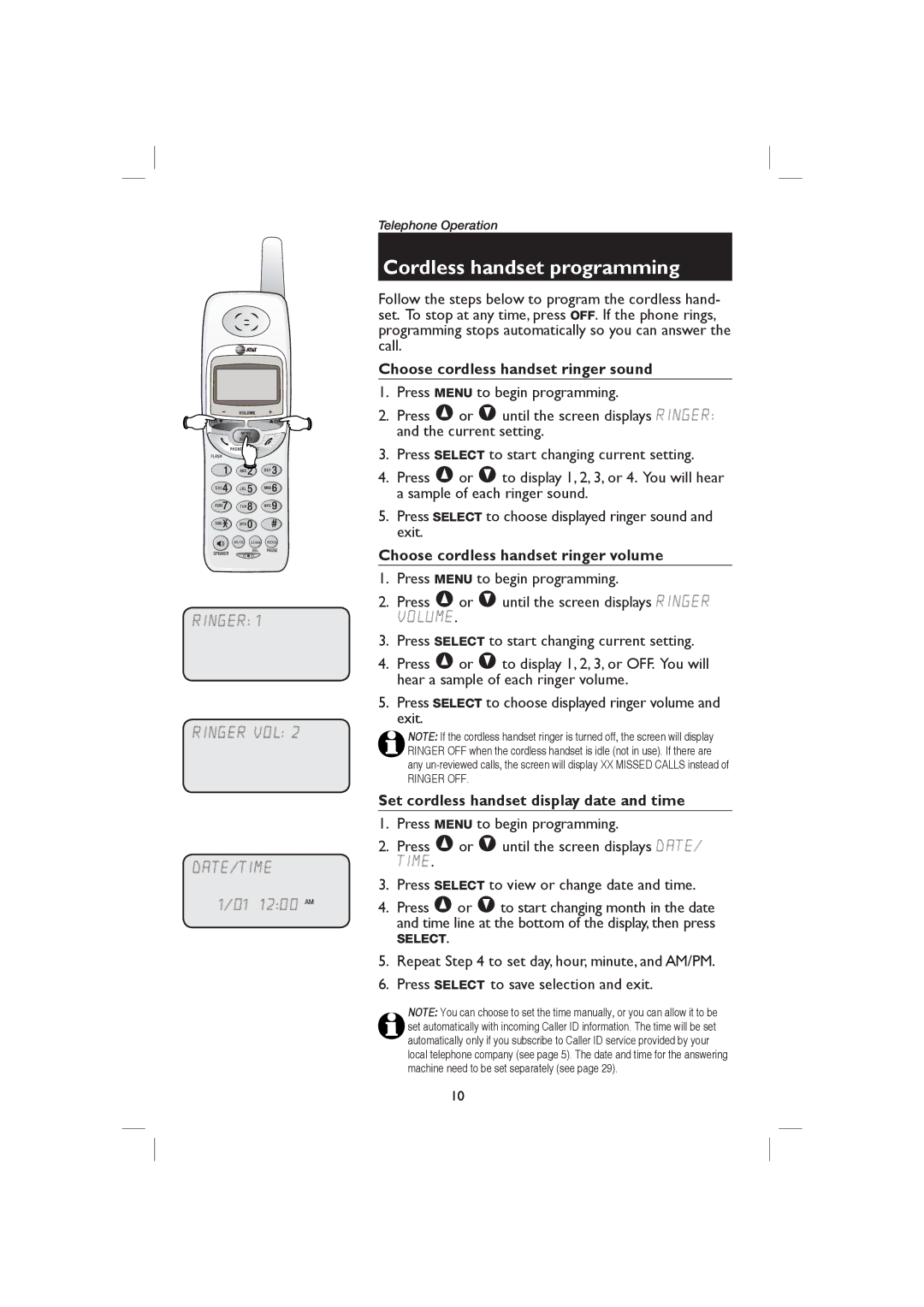 AT&T E1126, E2126 user manual Choose cordless handset ringer sound, Choose cordless handset ringer volume 